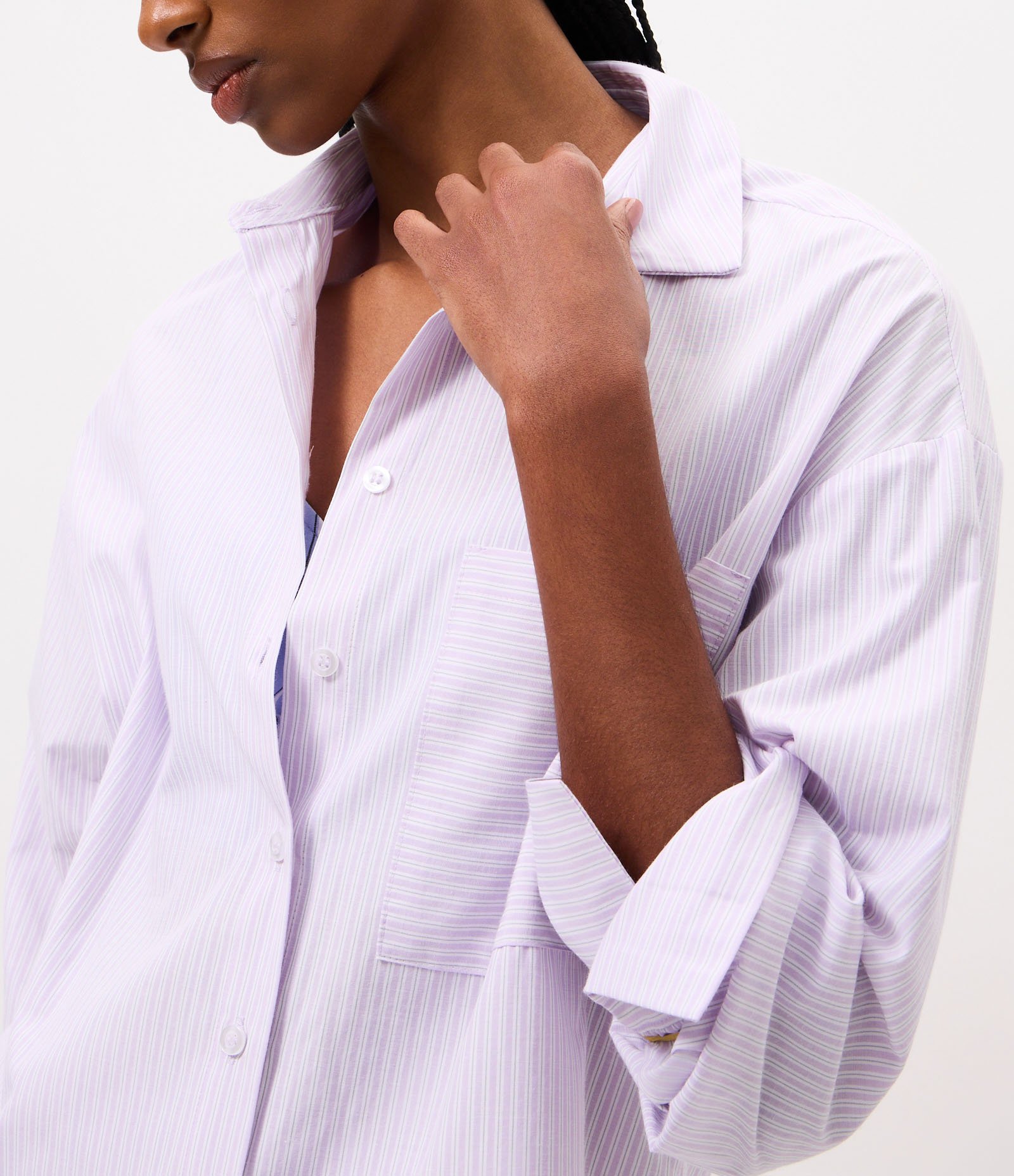 Camisa Oversized em Tricoline com Estampa Listrada Lilás 3