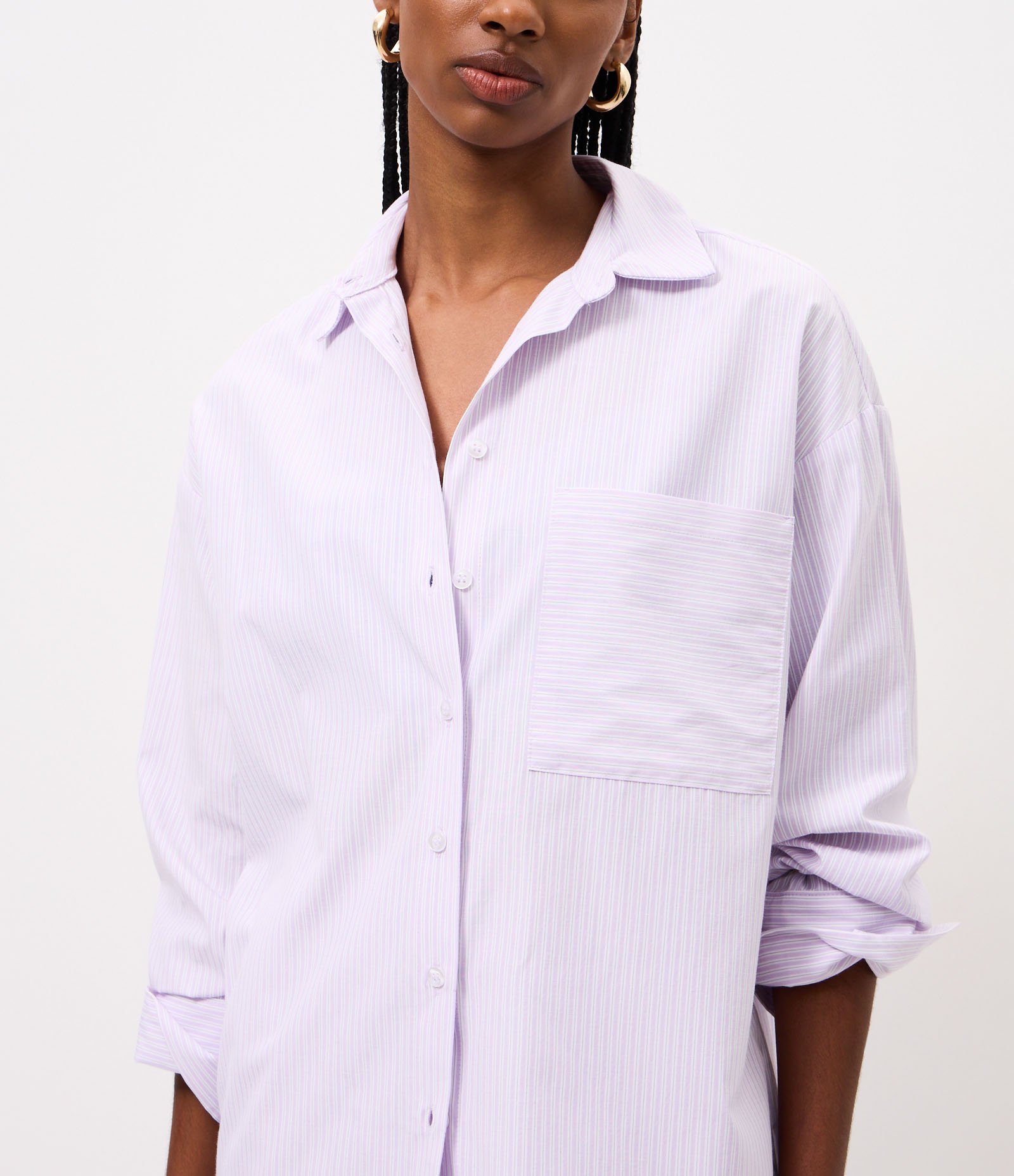 Camisa Oversized em Tricoline com Estampa Listrada Lilás 4