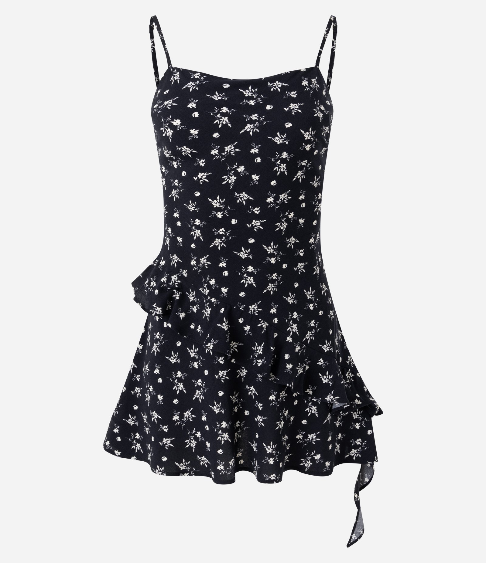 Vestido Curto Floral em Viscose com Babados Assimétricos Preto 5