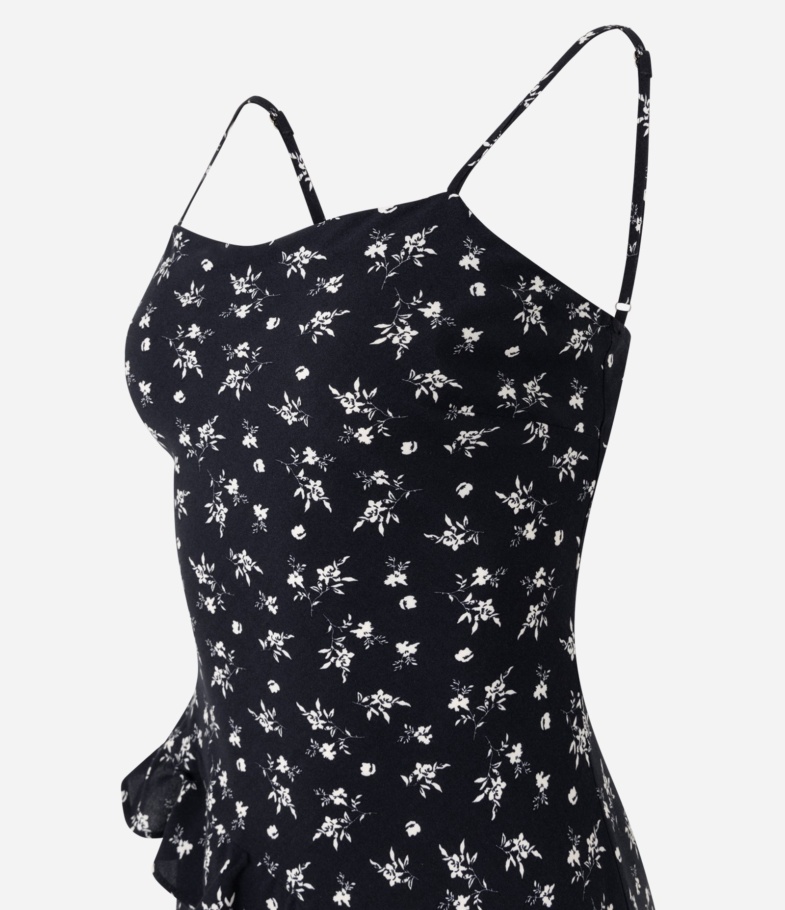 Vestido Curto Floral em Viscose com Babados Assimétricos Preto 6