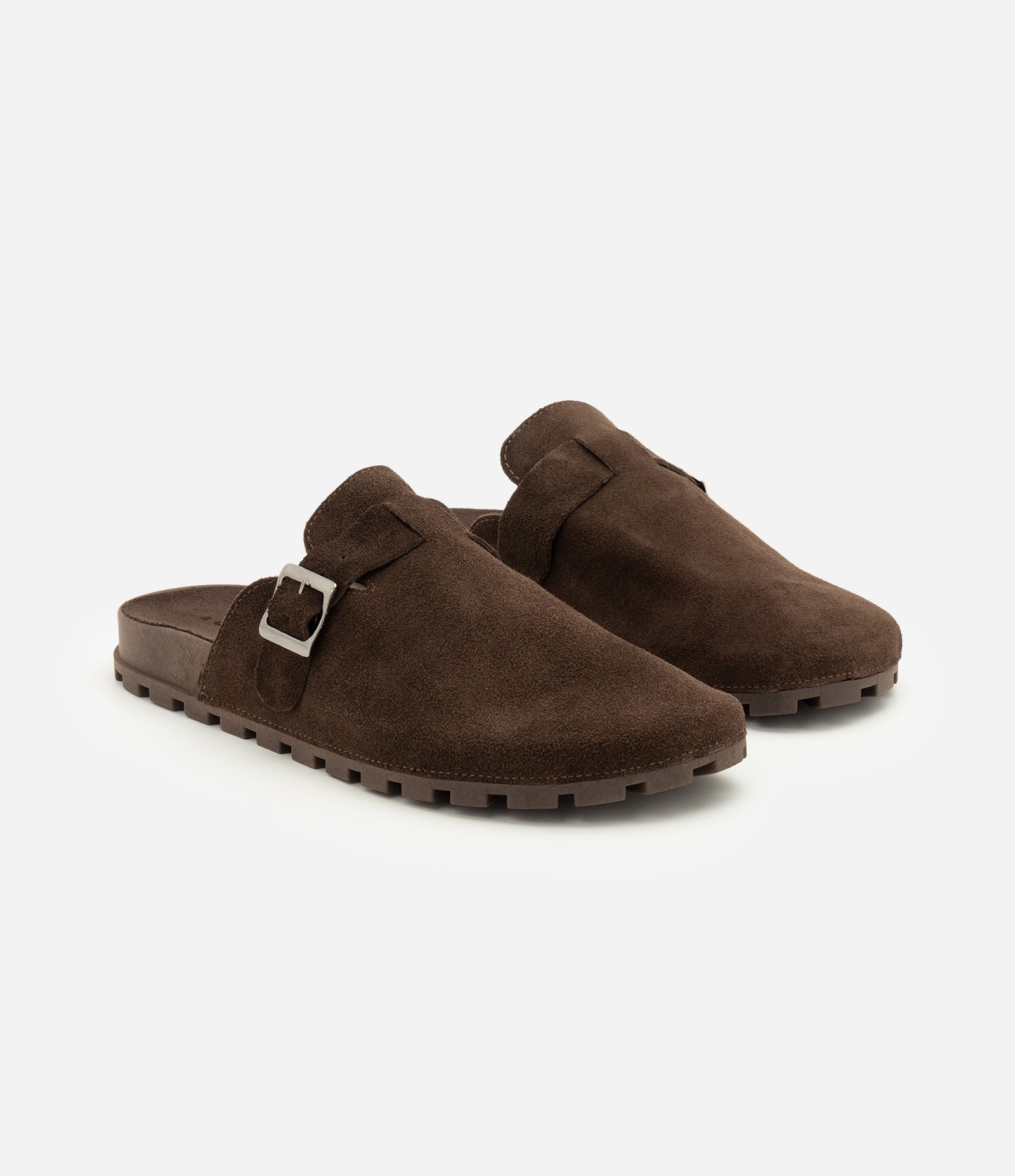Chinelo Mule em Couro Camurça com Fivela Marrom 4