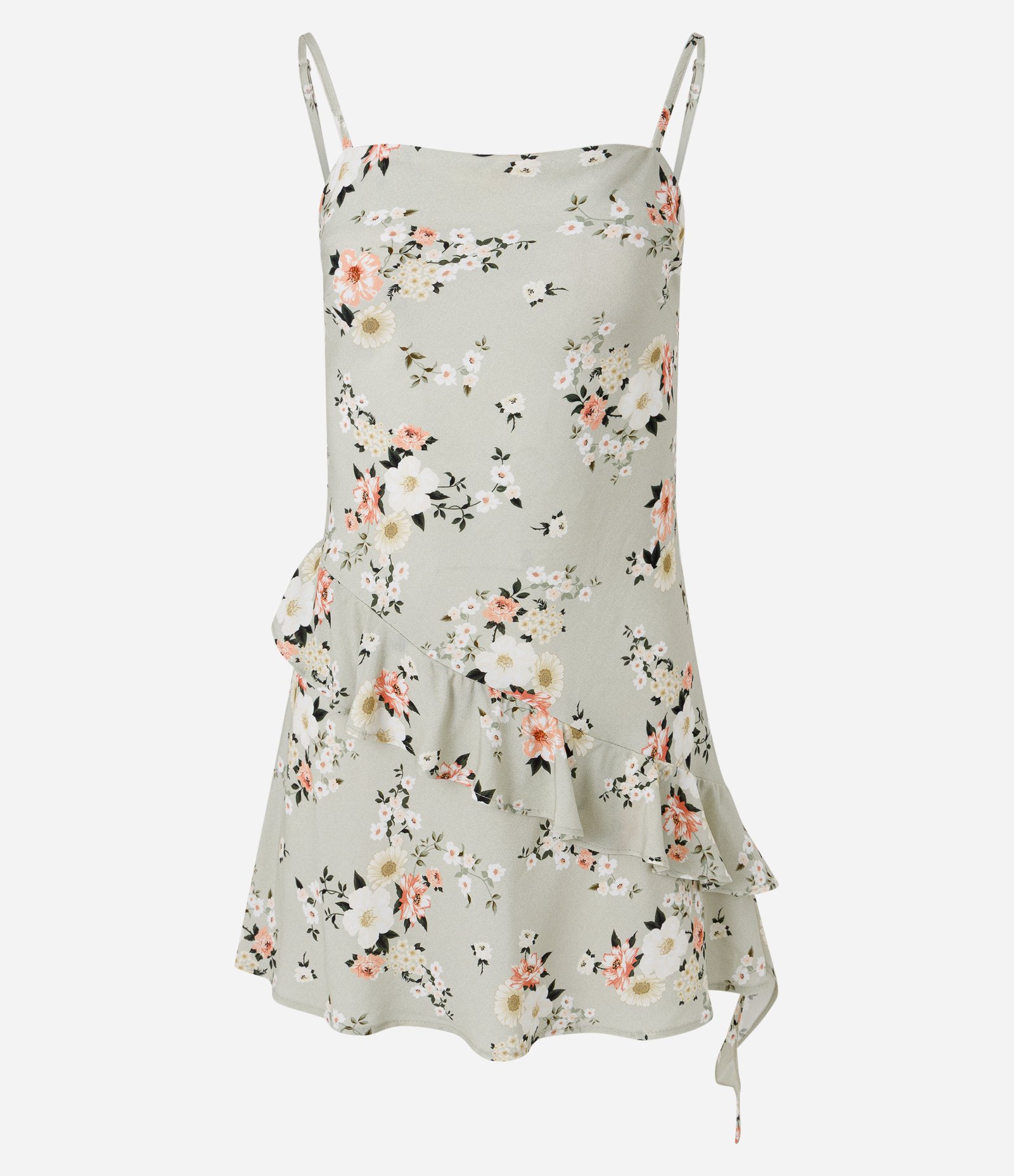 Vestido Curto Floral em Viscose com Babados Assimétricos Verde Claro 1