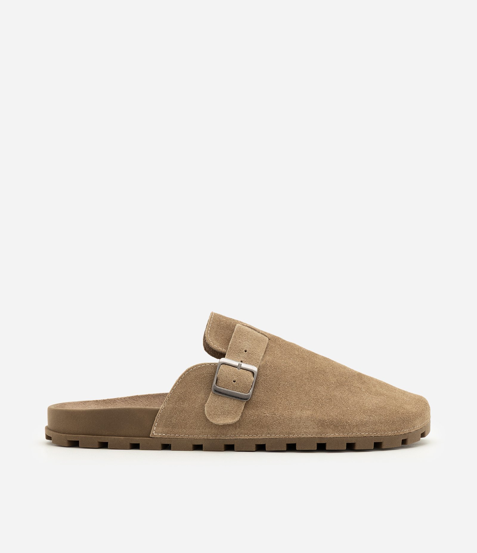 Chinelo Mule em Couro Camurça com Fivela Marrom Acinzentado 3