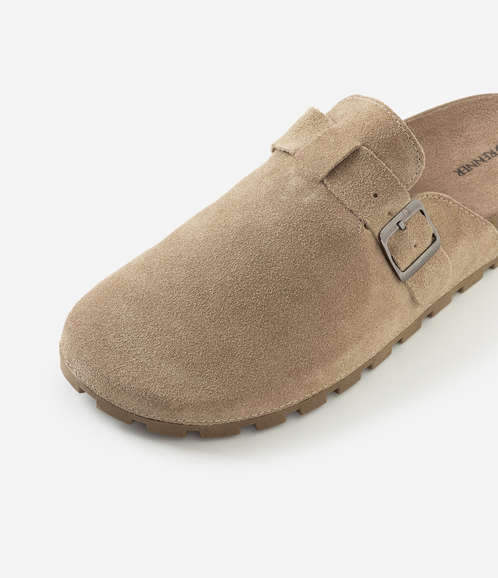Chinelo Mule em Couro Camurça com Fivela Marrom Acinzentado 7