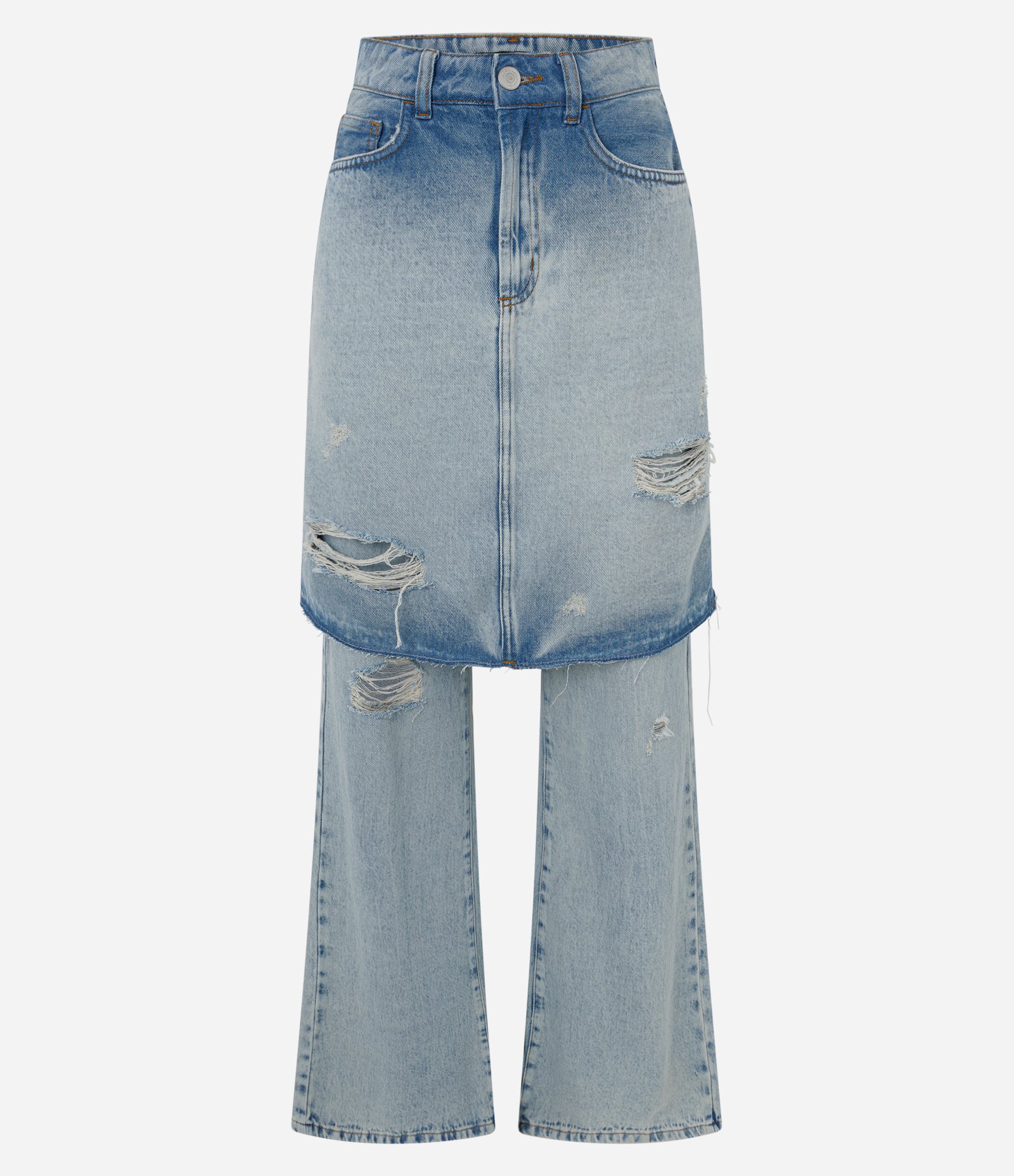 Calça Jeans Reta Ampla com Saia Sobreposta e Detalhes Destroyed Azul 5