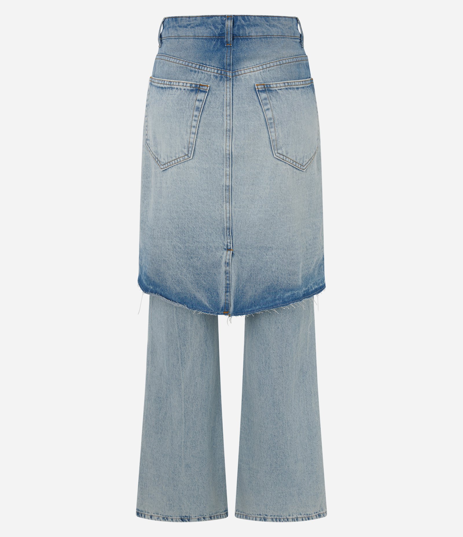Calça Jeans Reta Ampla com Saia Sobreposta e Detalhes Destroyed Azul 6