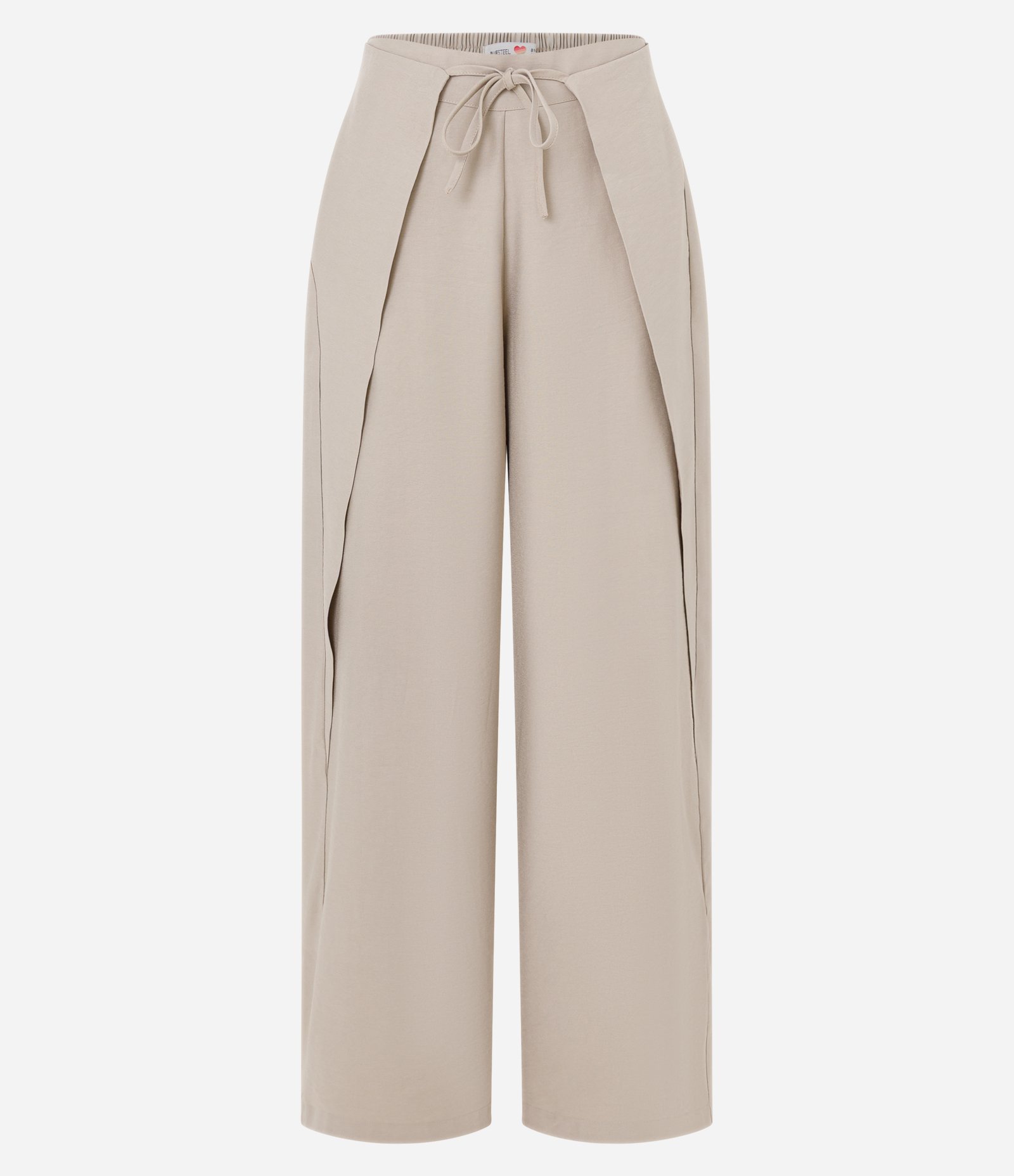 Calça Pantalona com Amarração na Cintura e Recortes Sobrepostos Bege 5