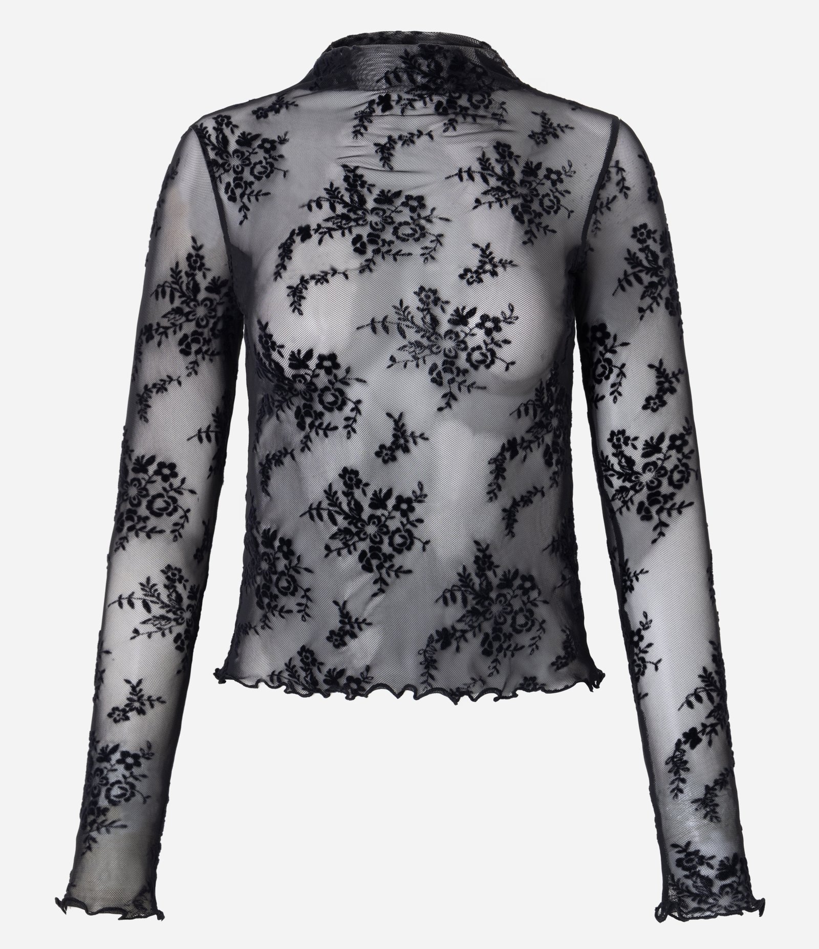 Blusa Segunda Pele em Tule Flocado com Ramos Florais e Gola Alta Preto 1