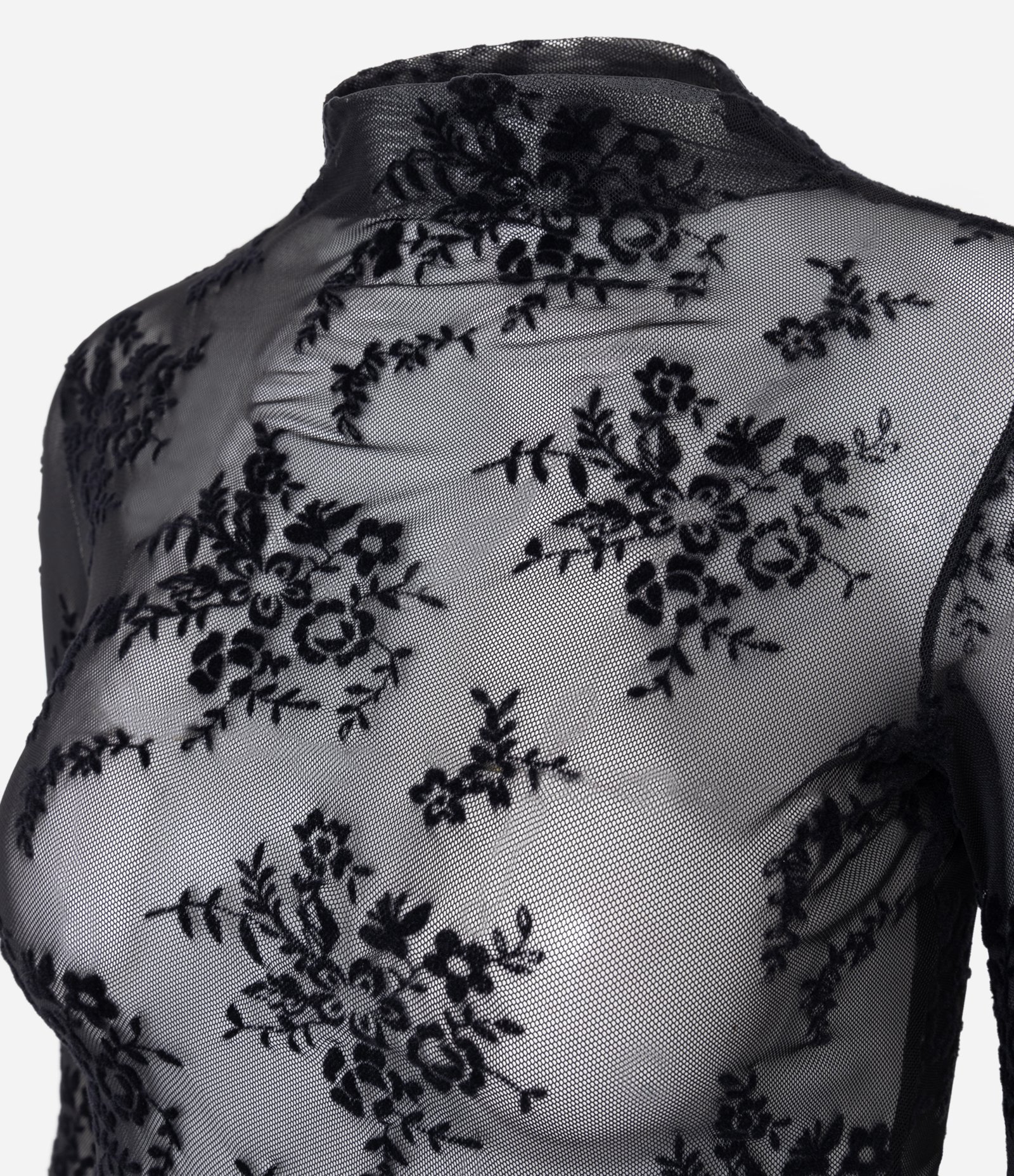 Blusa Segunda Pele em Tule Flocado com Ramos Florais e Gola Alta Preto 2