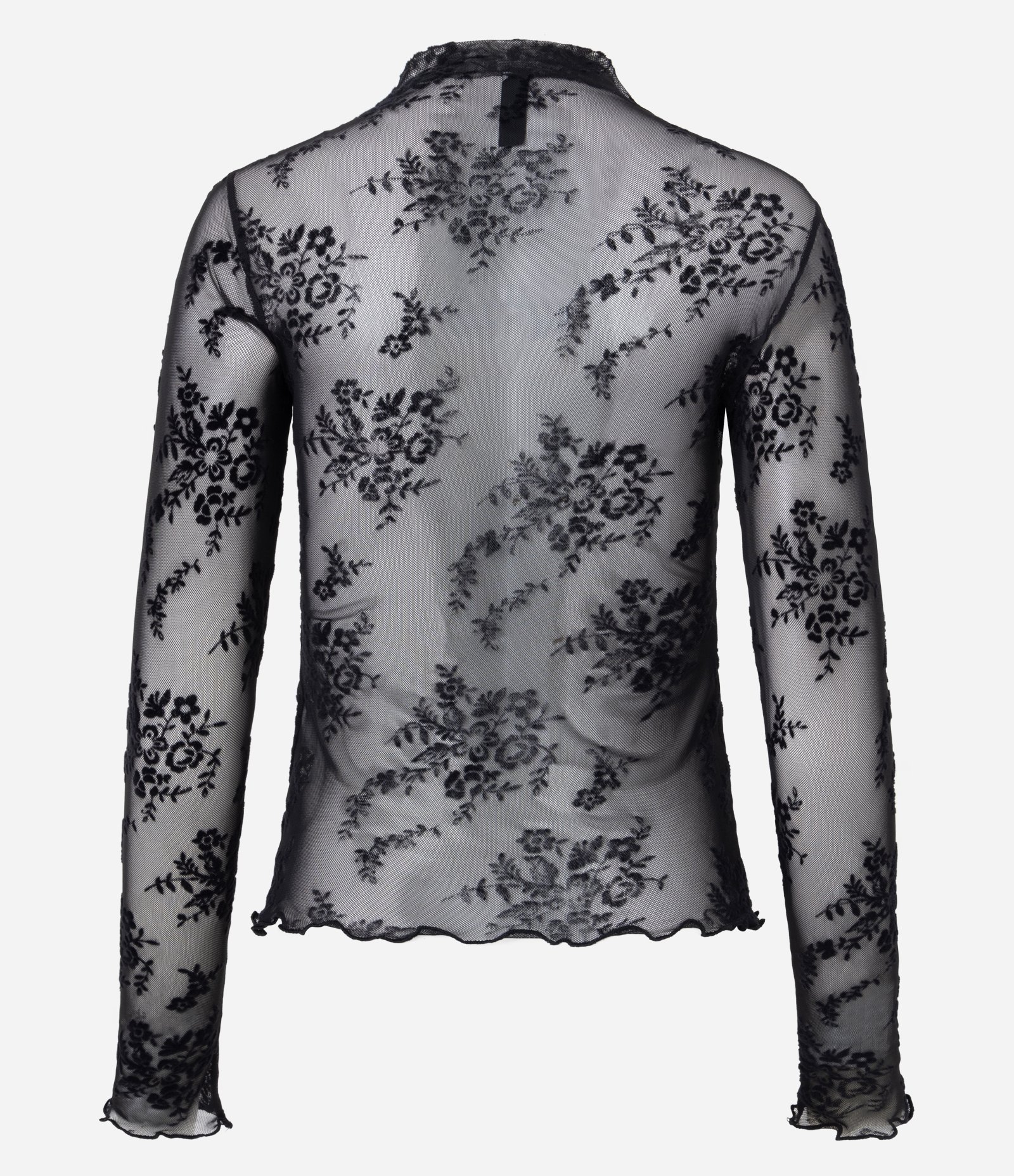 Blusa Segunda Pele em Tule Flocado com Ramos Florais e Gola Alta Preto 3