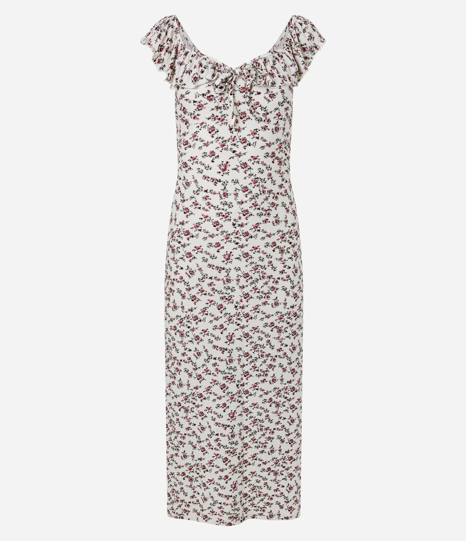 Vestido Midi Floral em Waffle com Babado no Decote Branco 4