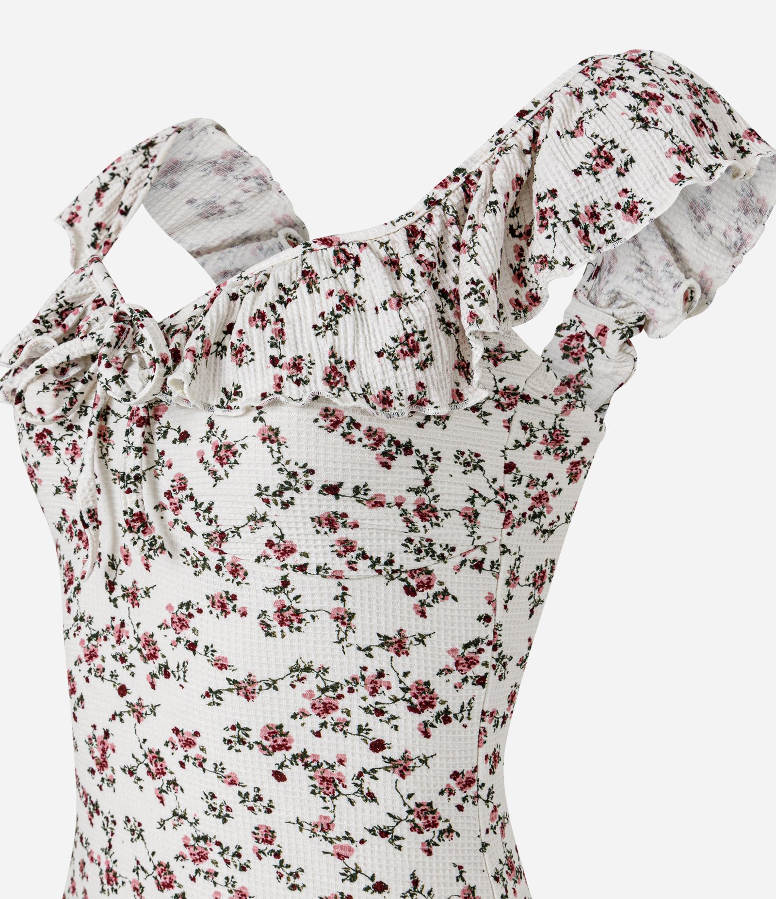 Vestido Midi Floral em Waffle com Babado no Decote Branco 5