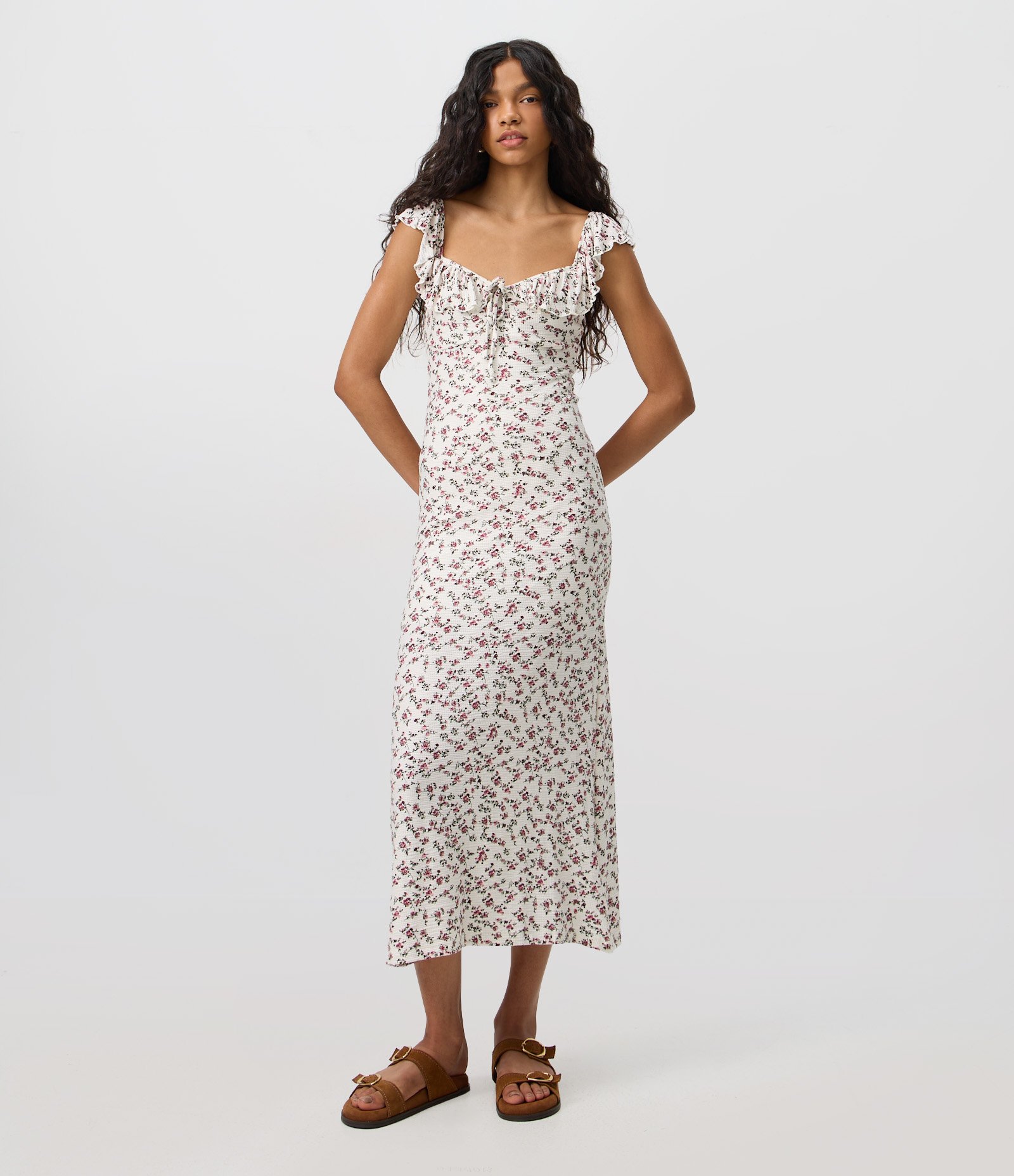 Vestido Midi Floral em Waffle com Babado no Decote Branco 1