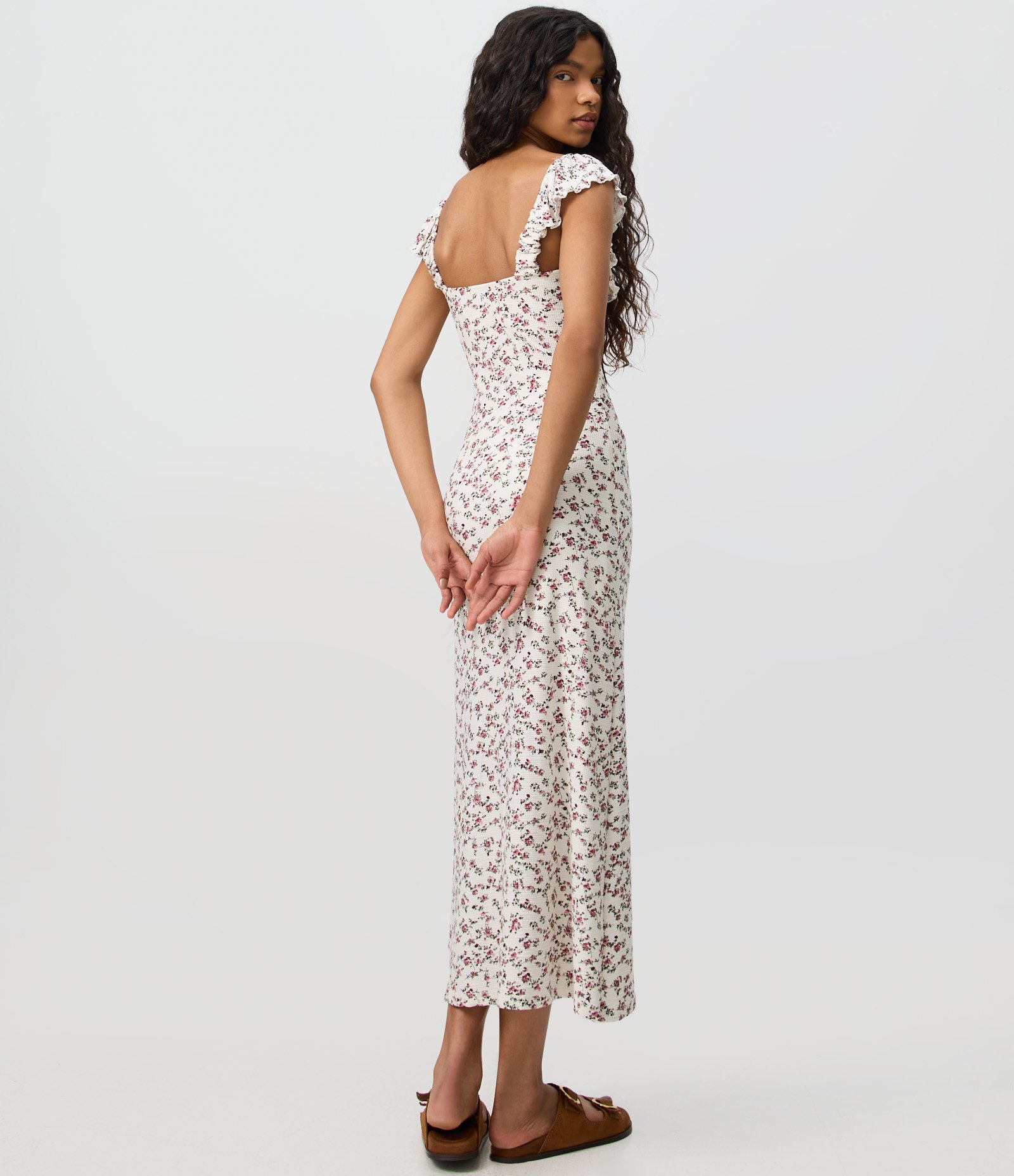 Vestido Midi Floral em Waffle com Babado no Decote Branco 3