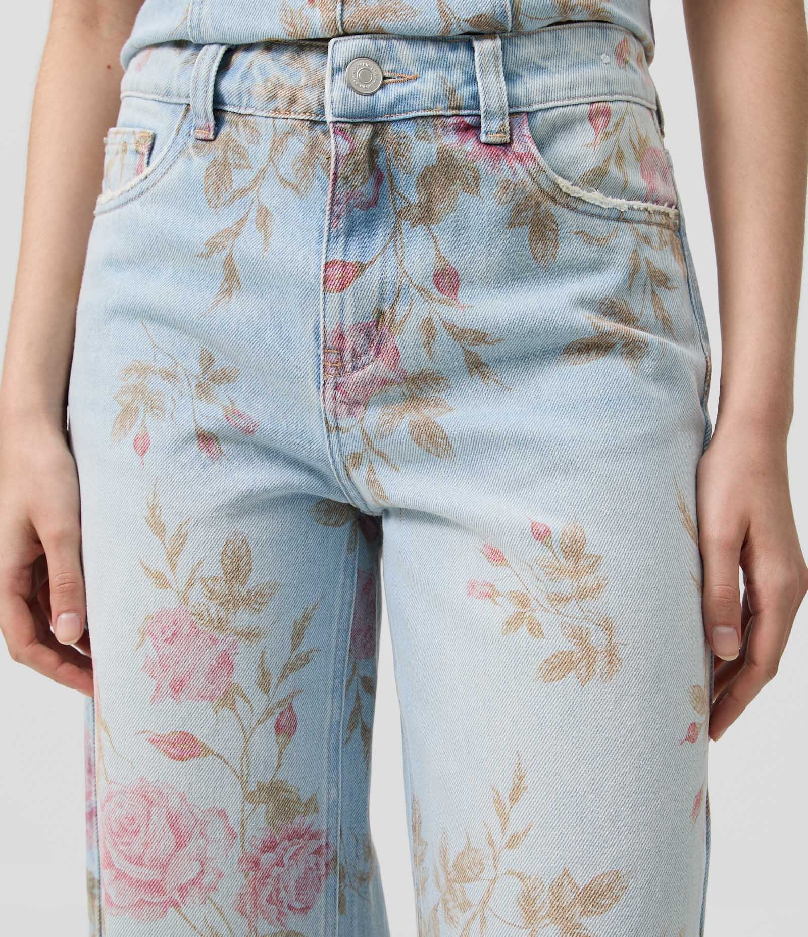 Calça Wide em Jeans com Estampa Floral Azul 3