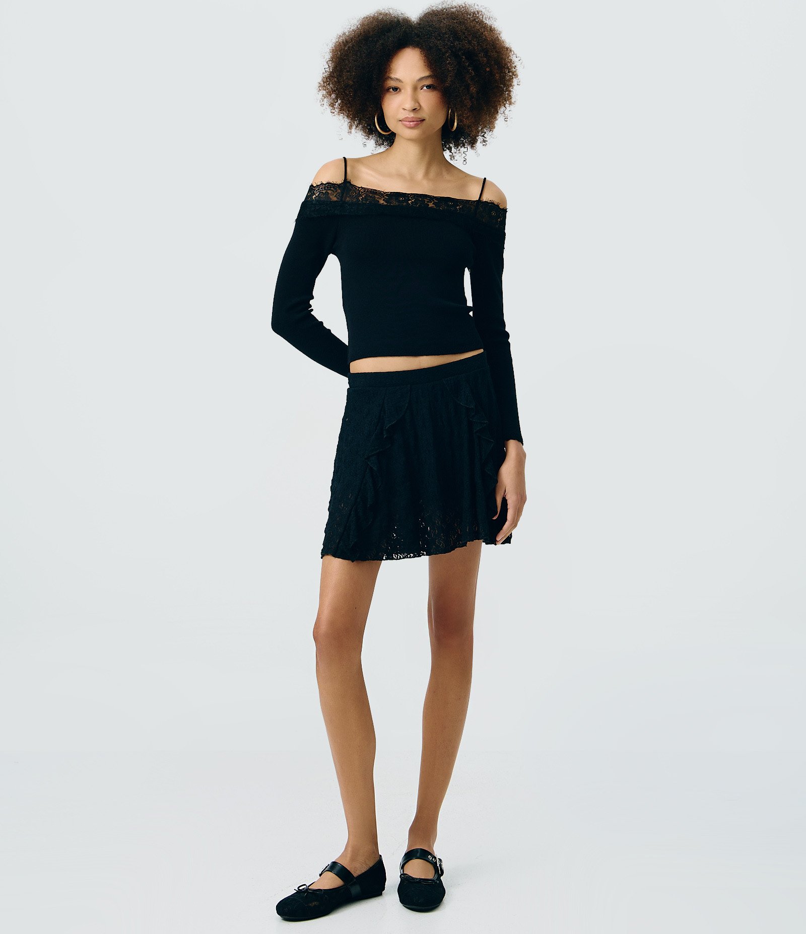 Blusa Ombro a Ombro em Tricô com Renda Preto 2