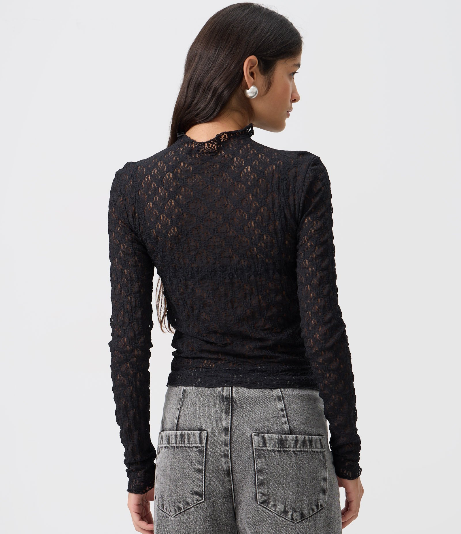 Blusa Segunda Pele em Renda Floral com Gola Alta Preto 4
