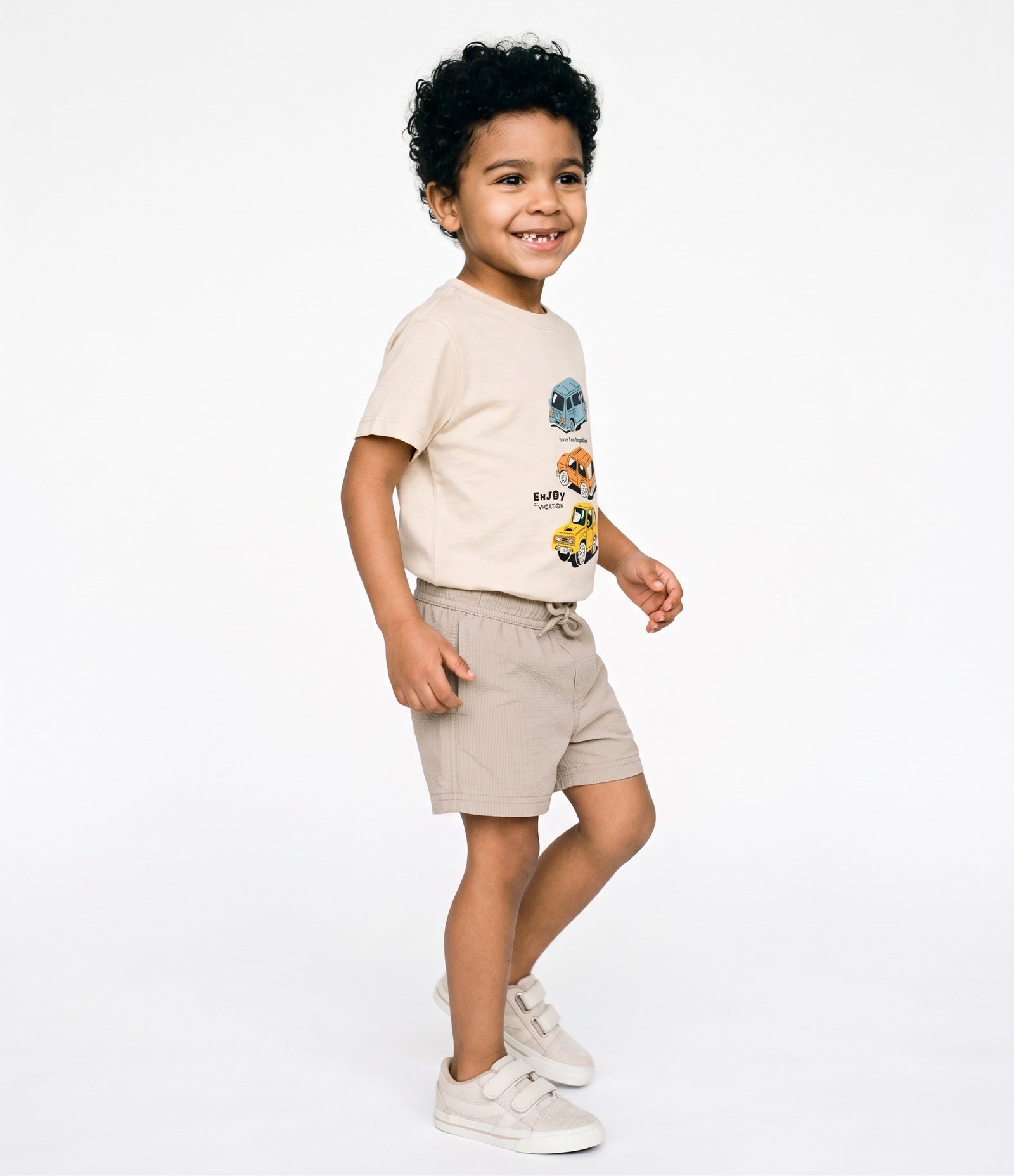 Camiseta Infantil Em Algodão Estampa Carros -Tam 1 a 6 Anos Bege 2