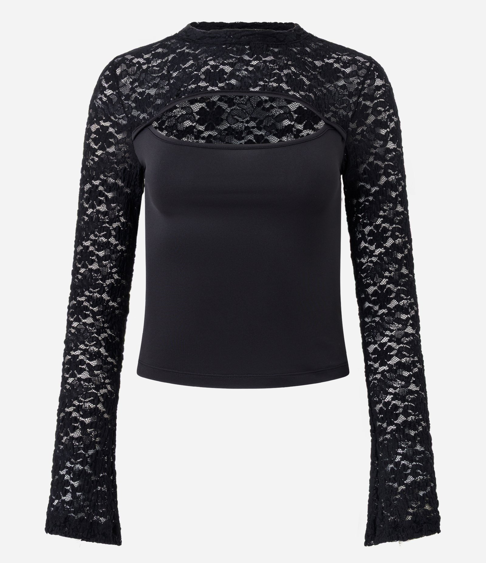 Blusa em Renda com Recorte Vazado e Manga Sino Preto 3