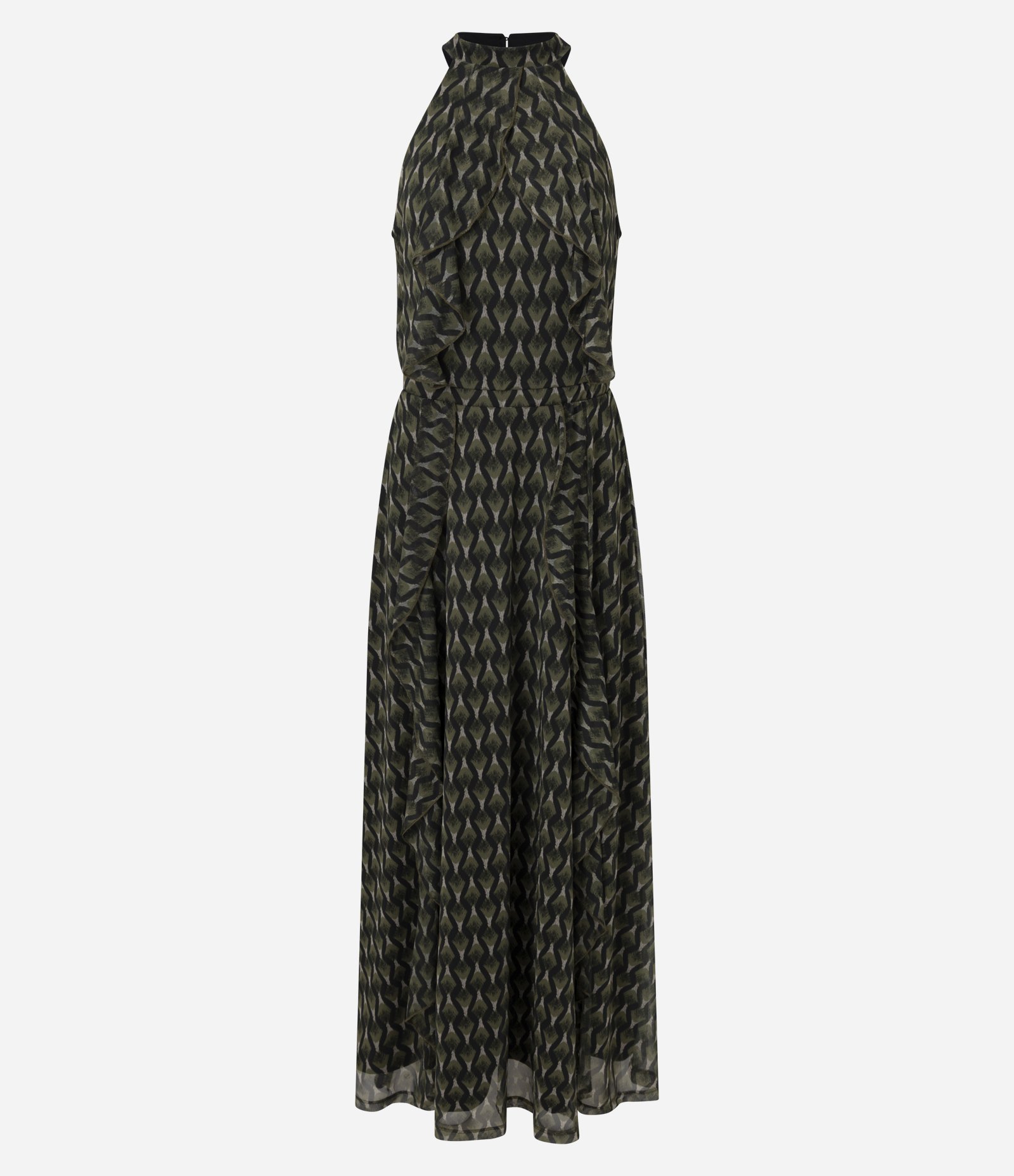 Vestido Longo em Tule com Estampa Geométrica e Babados Verde Escuro 5