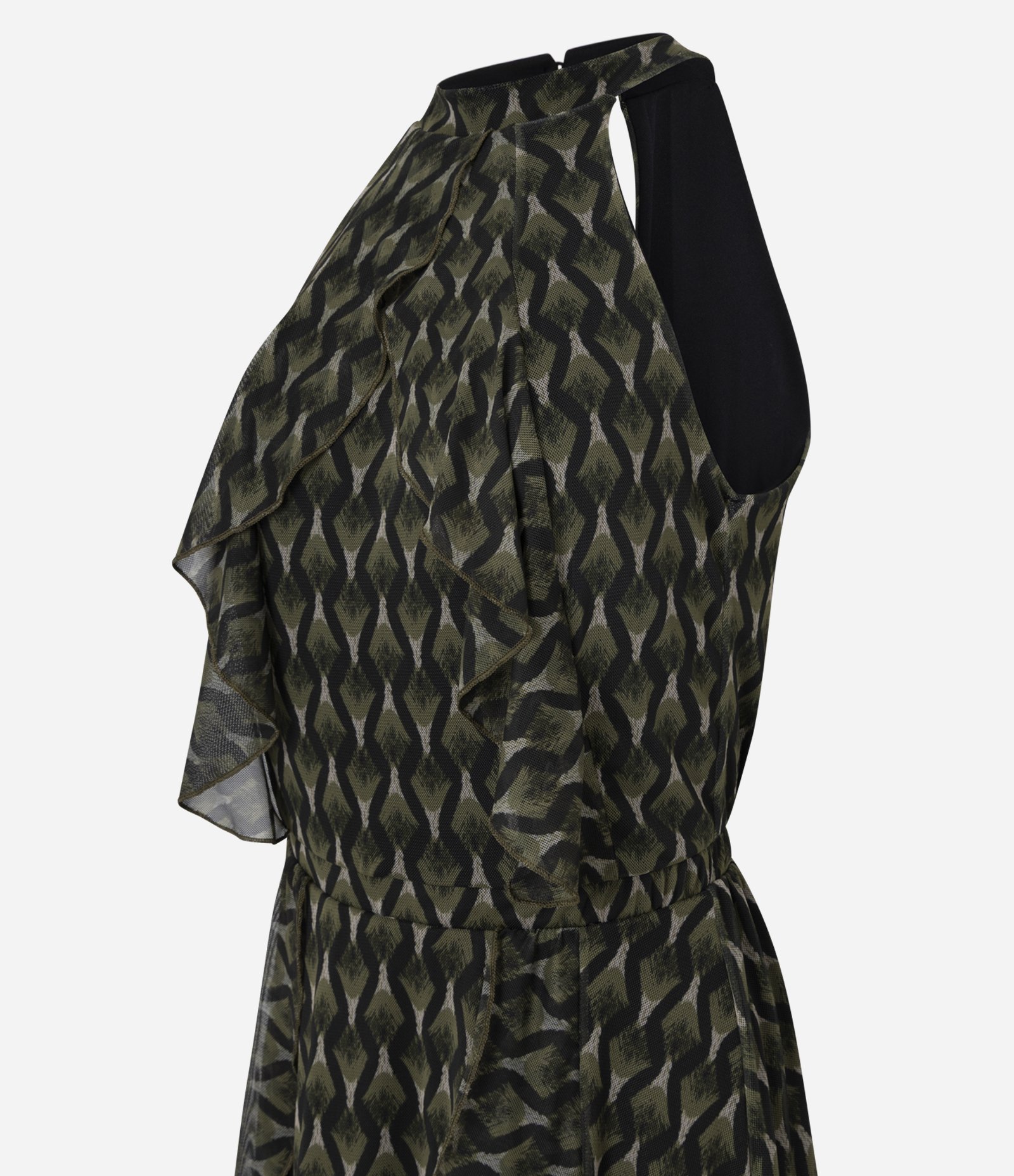 Vestido Longo em Tule com Estampa Geométrica e Babados Verde Escuro 6