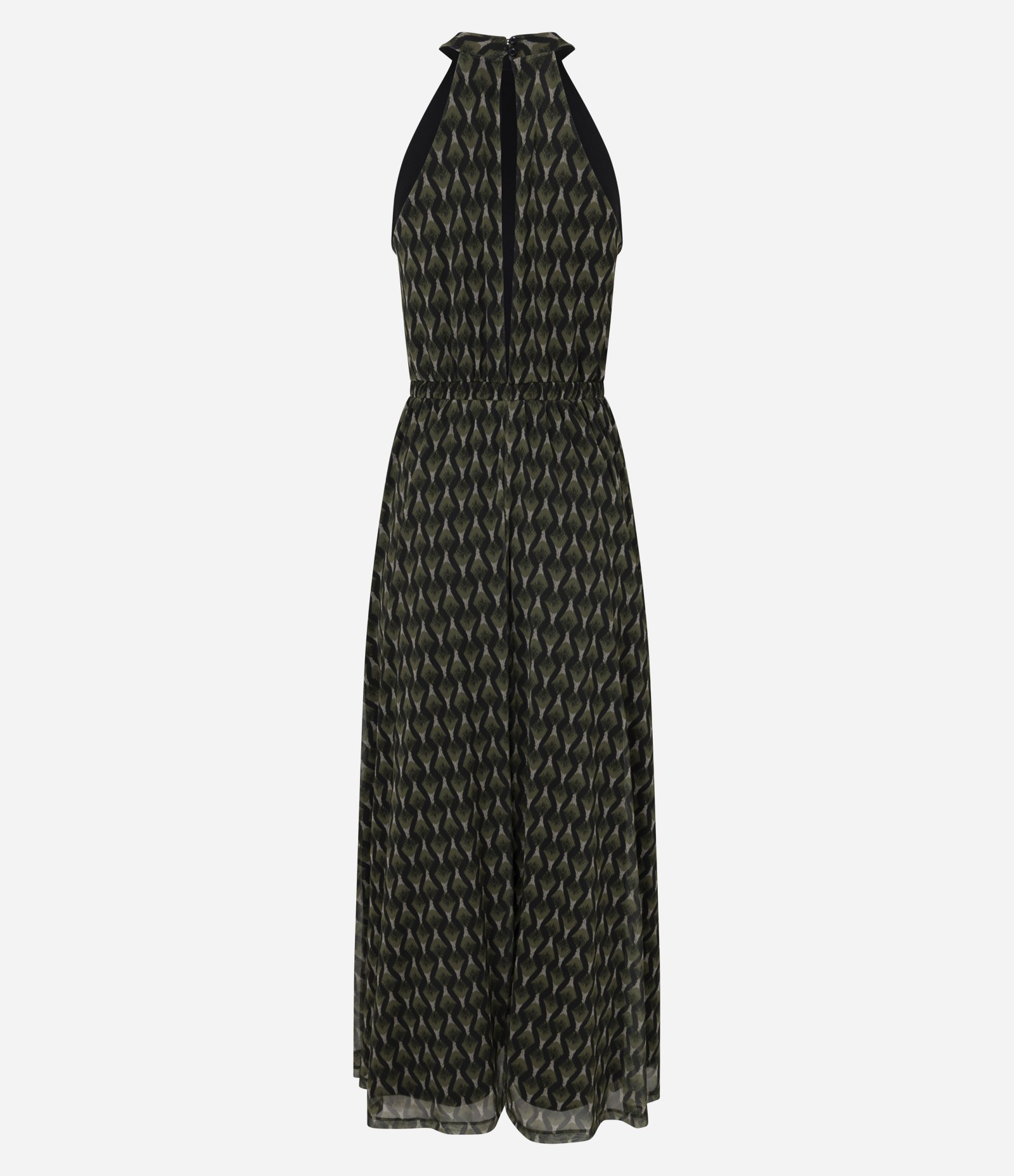 Vestido Longo em Tule com Estampa Geométrica e Babados Verde Escuro 7