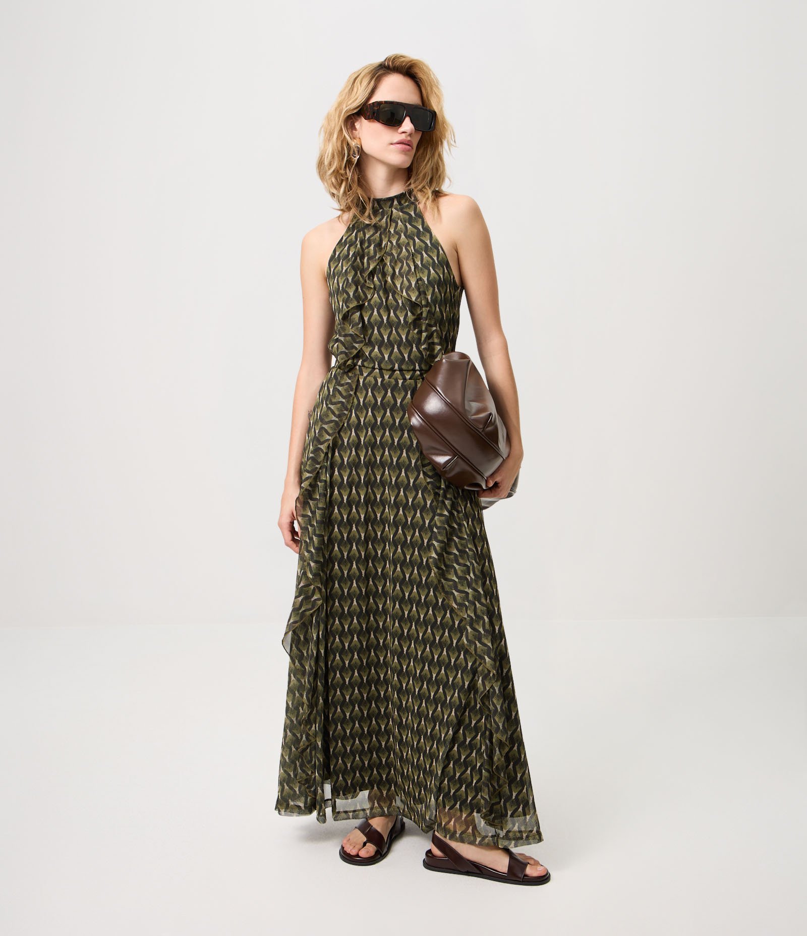 Vestido Longo em Tule com Estampa Geométrica e Babados Verde Escuro 2