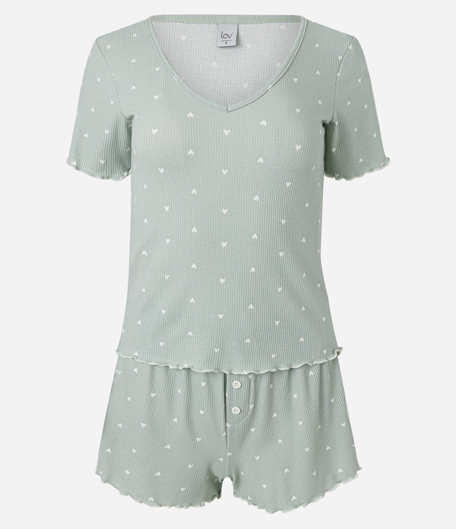 Pijama Curto em Ribana com Estampa de Corações Verde 5