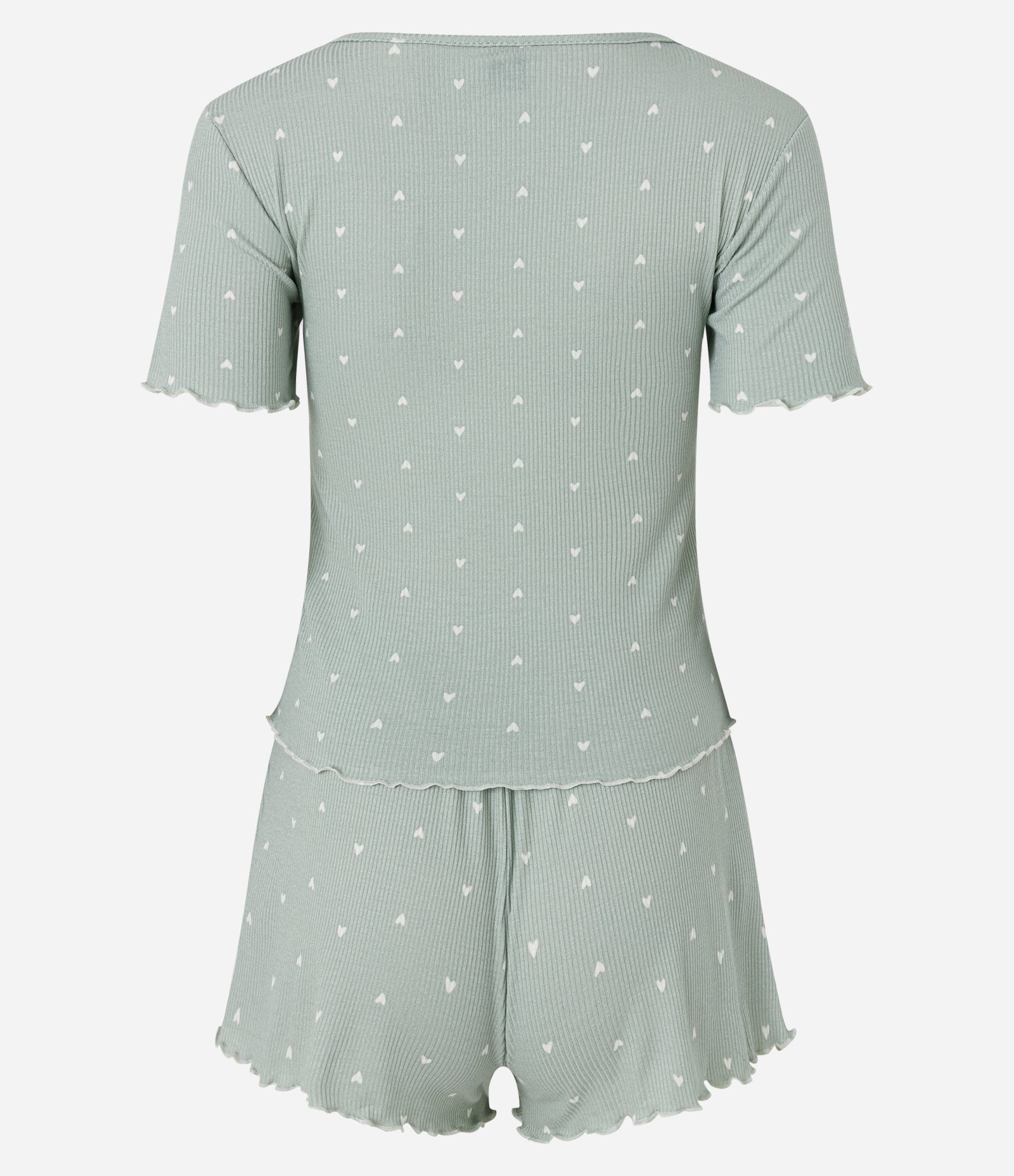 Pijama Curto em Ribana com Estampa de Corações Verde 6