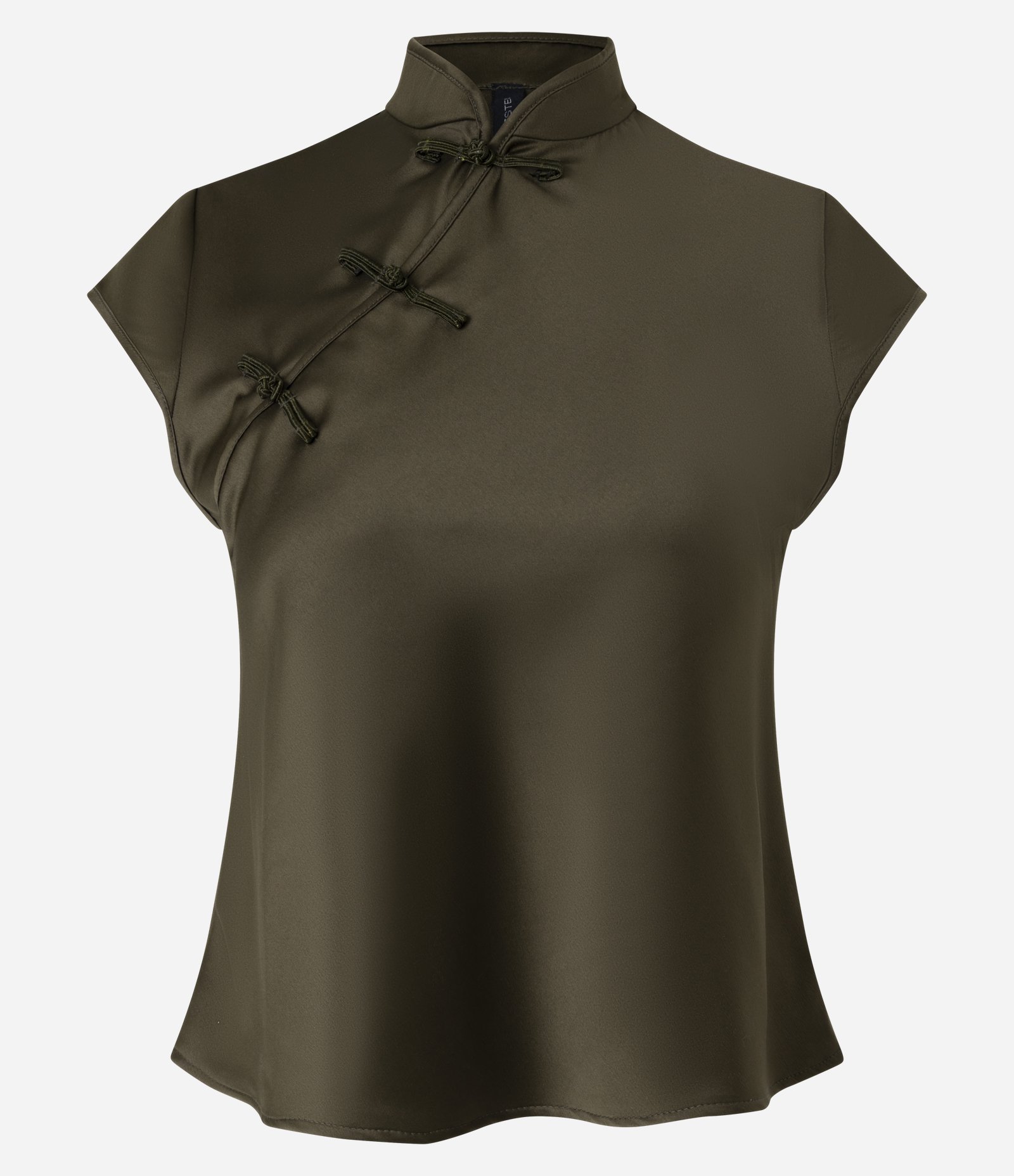 Blusa em Cetim com Gola Alta e Detalhe de Fechamento Oriental Verde Escuro 1