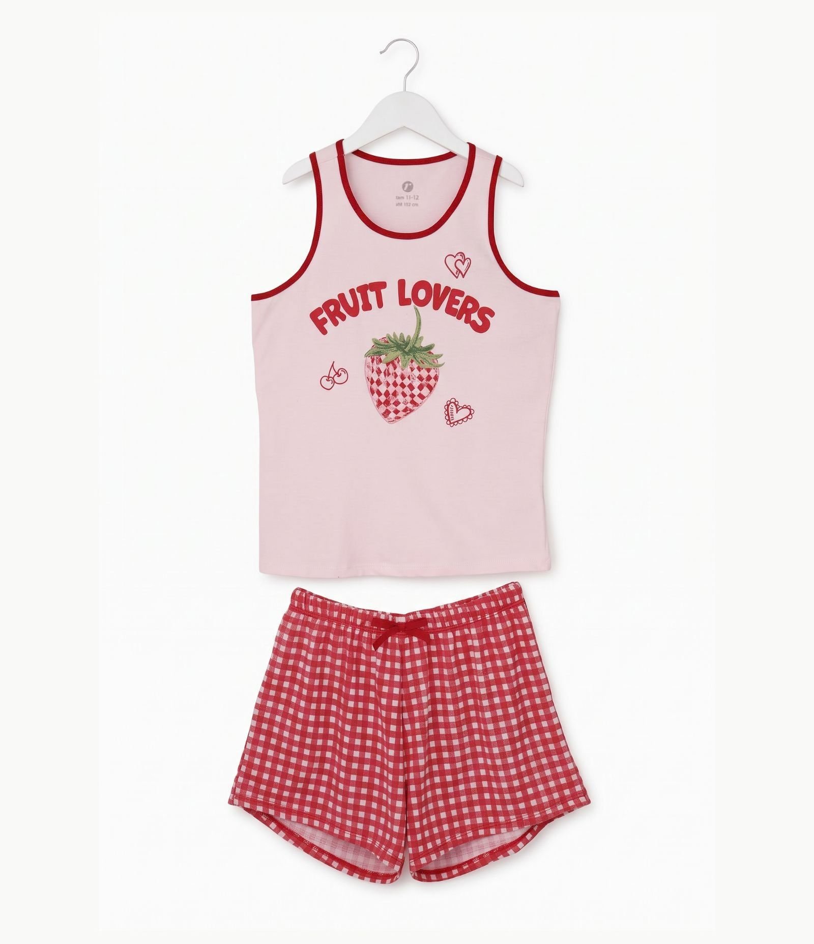 Pijama Infantil com Regata Estampa Morango e Short Xadrez - Tam 5 a 14 Anos Rosa 1