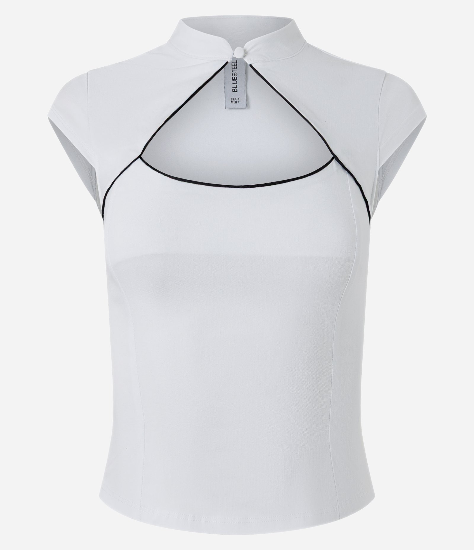 Blusa em Bengaline com Gola Mandarim e Recorte Contrastante Branco 5