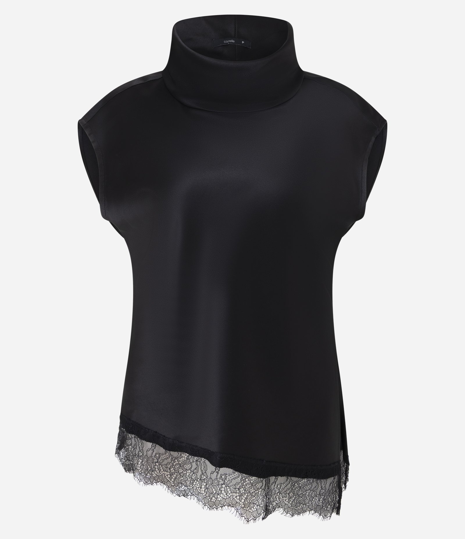 Blusa Acetinada com Gola Alta e Barra Assimétrica Rendada Preto 1