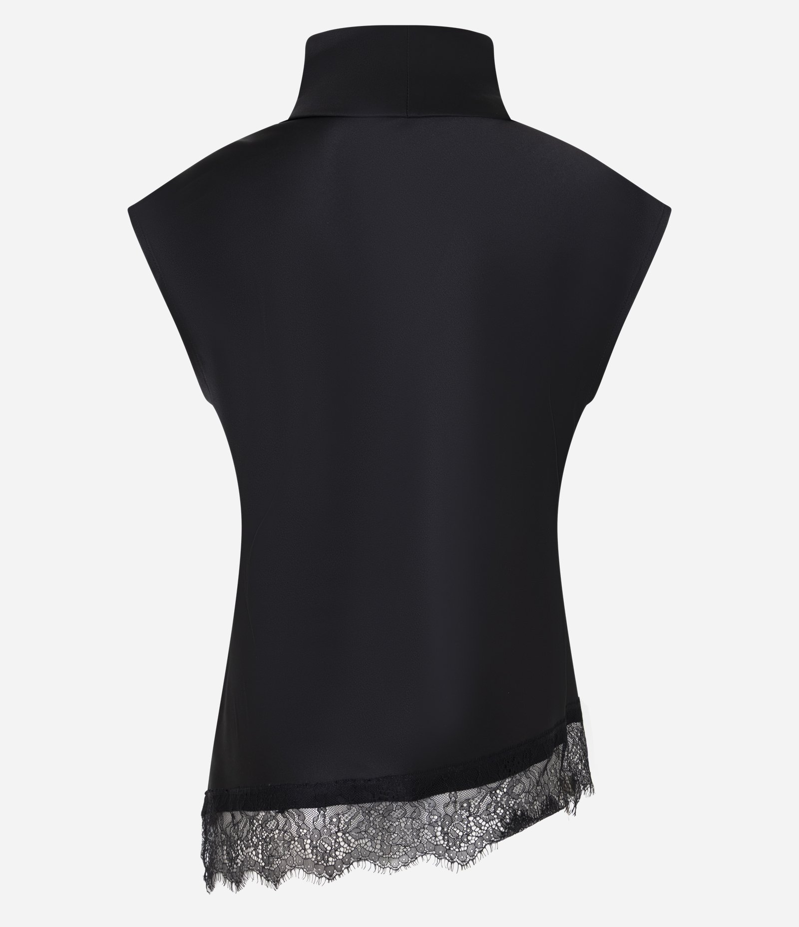 Blusa Acetinada com Gola Alta e Barra Assimétrica Rendada Preto 3