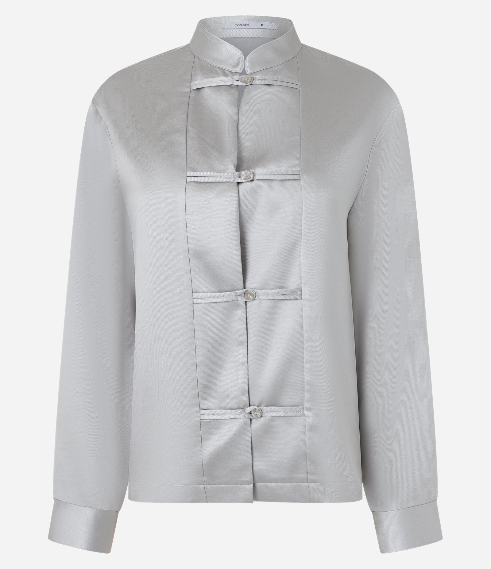 Blusa Alfaiatada Acetinada com Fechamento de Alamares Cinza 6