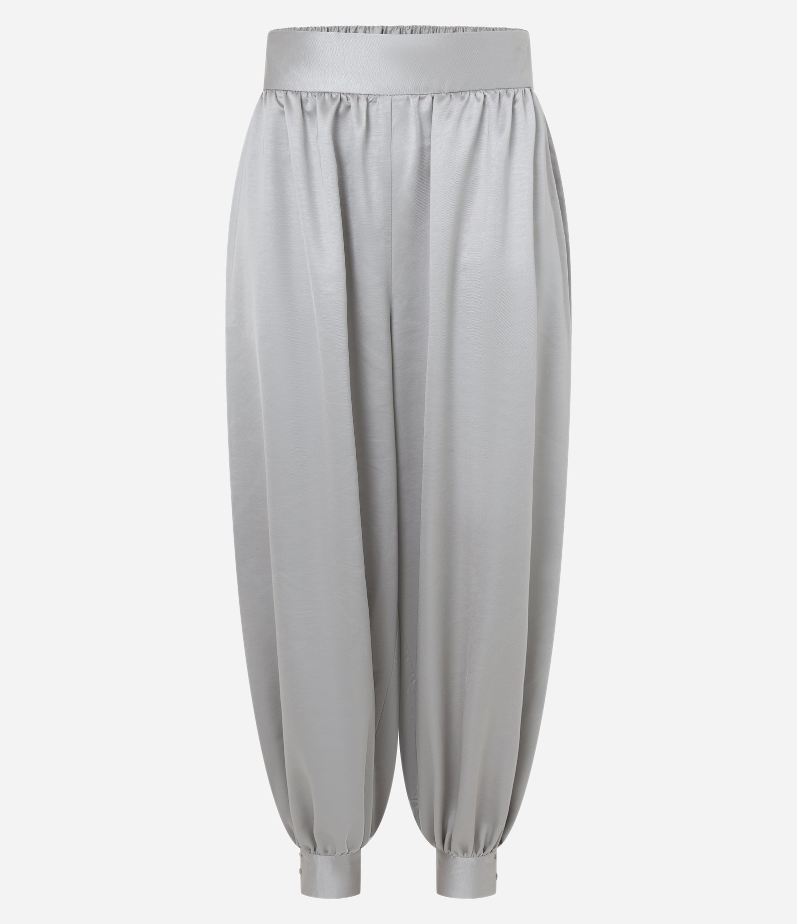 Calça Aladim Alfaiatada Acetinada com Barra Ajustada Cinza 5