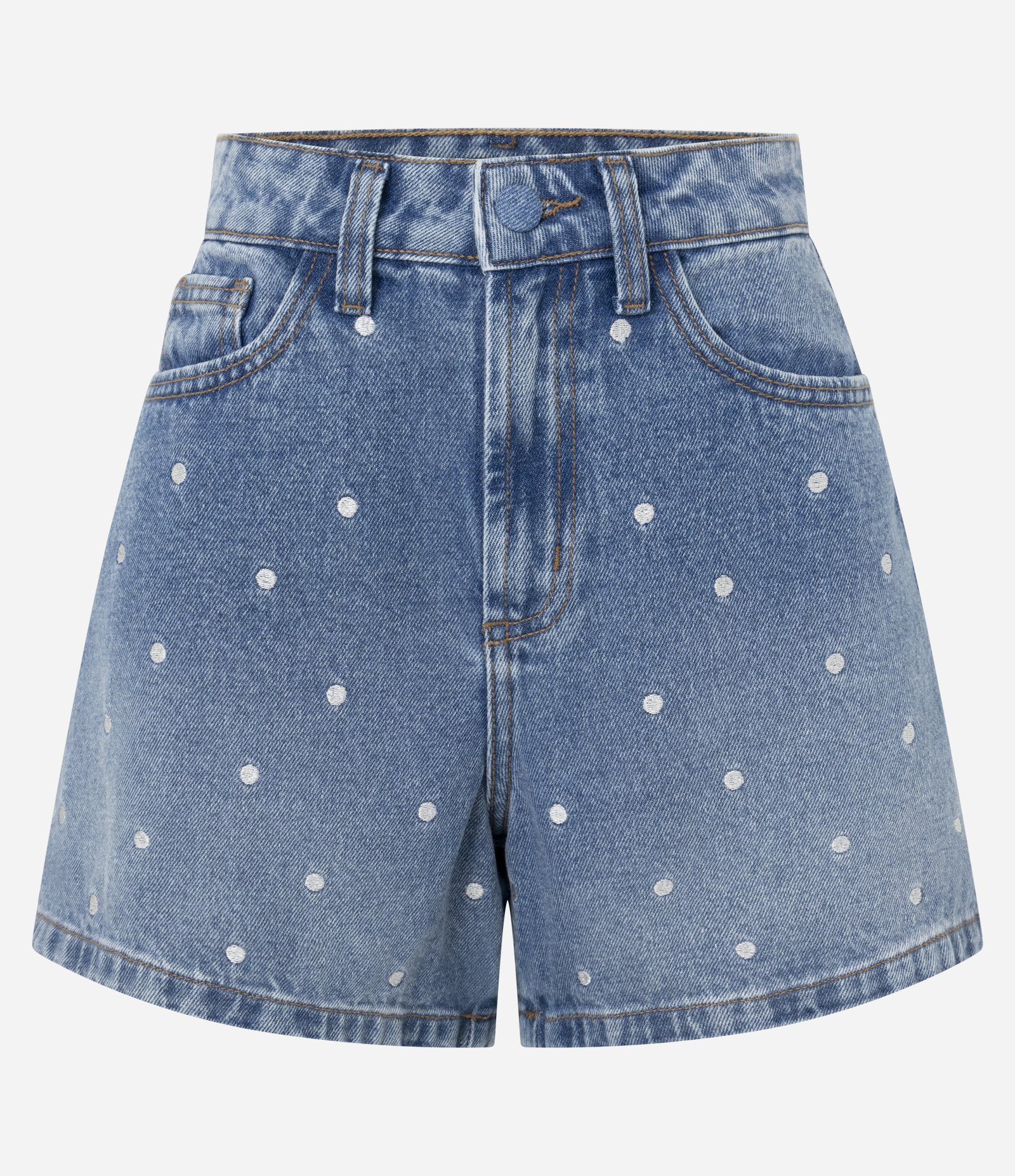 Short Evasê em Jeans com Bordado Poá Azul 6