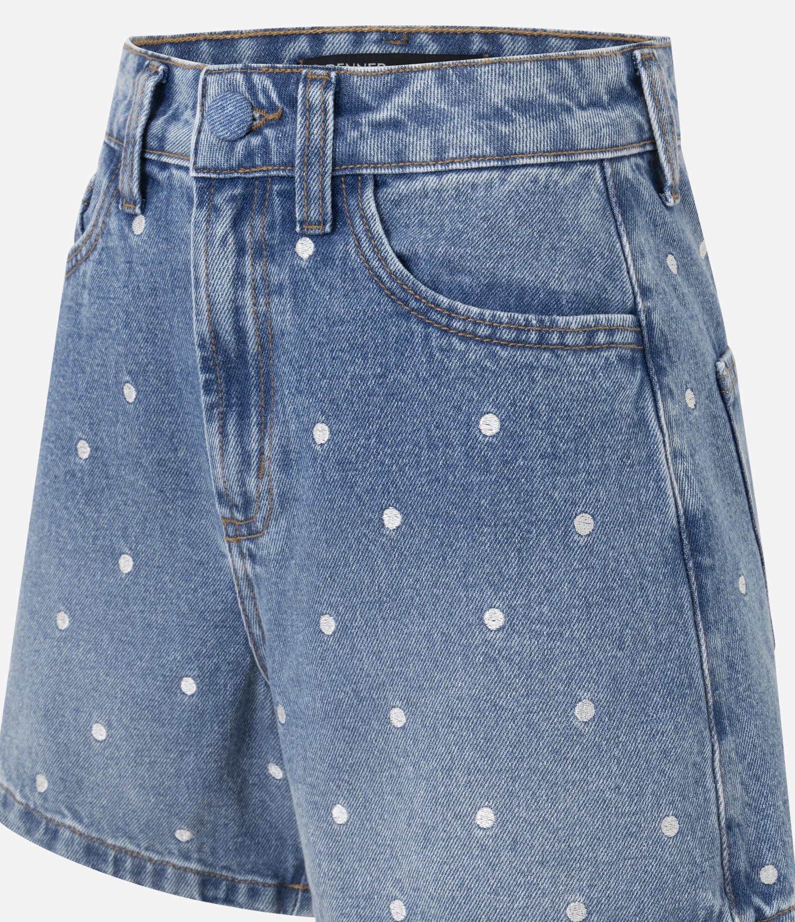 Short Evasê em Jeans com Bordado Poá Azul 7