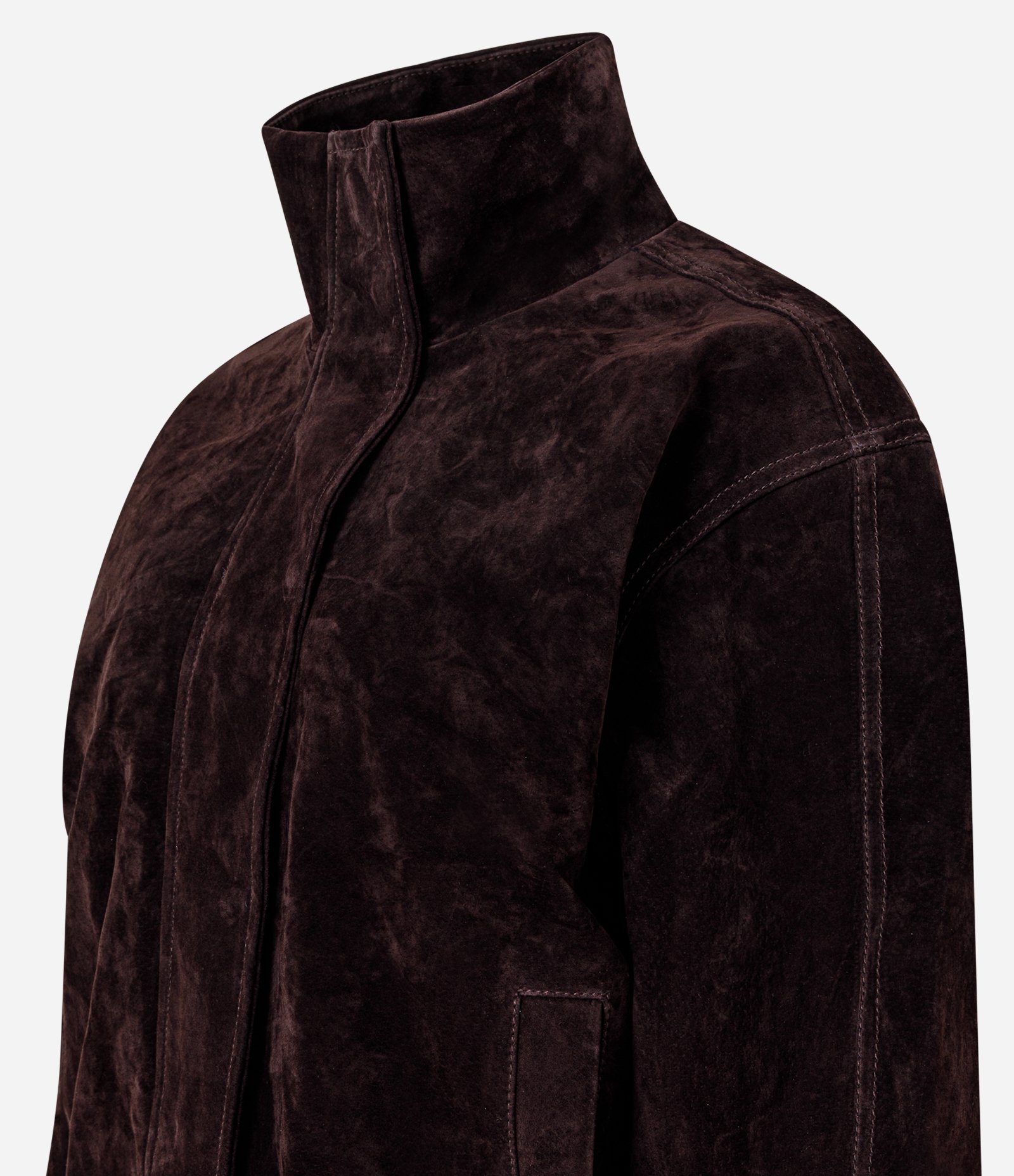 Jaqueta Oversized em Couro com Gola Alta e Barra Ajustada Marrom Escuro 1