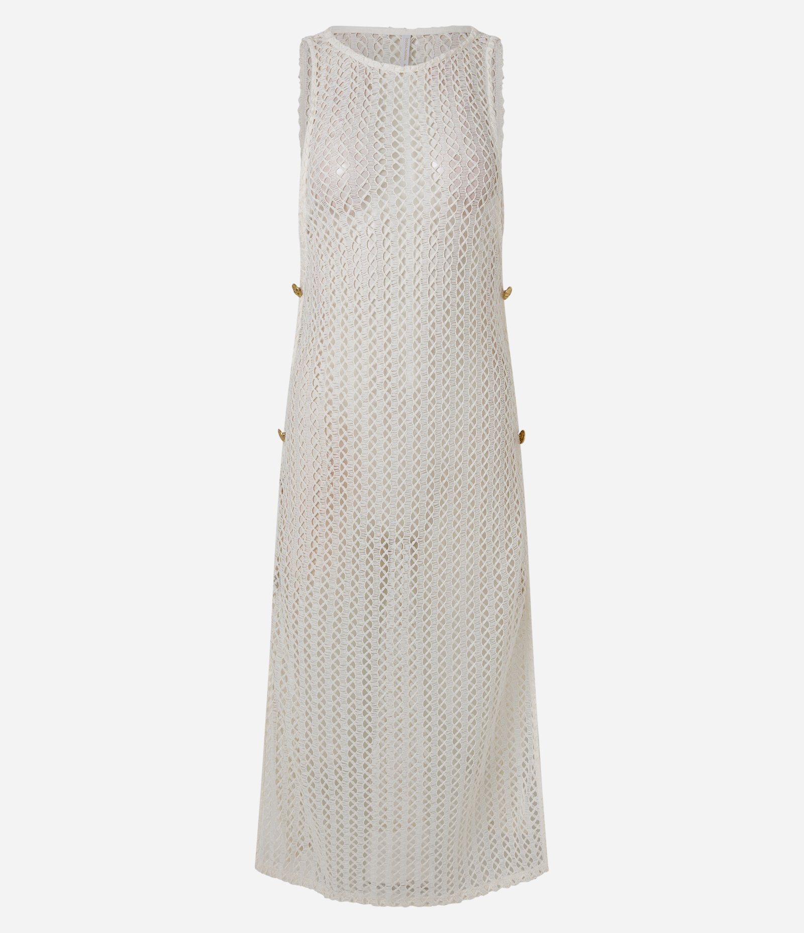 Saída de Praia Vestido em Crochê com Aberturas Laterais e Botões Off White 1