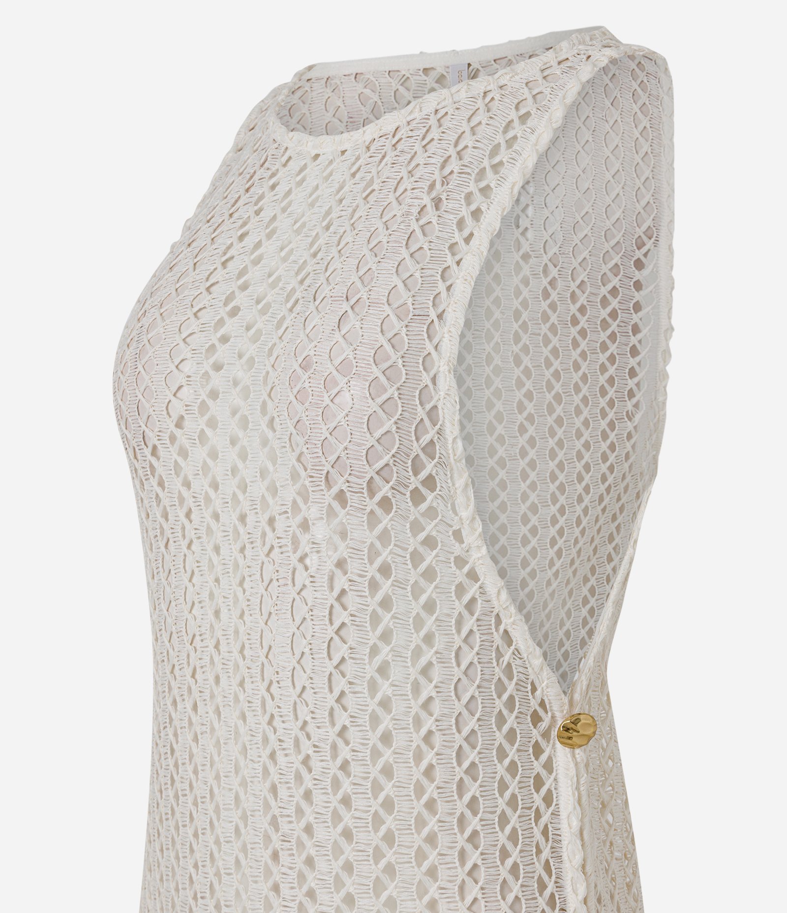 Saída de Praia Vestido em Crochê com Aberturas Laterais e Botões Off White 2