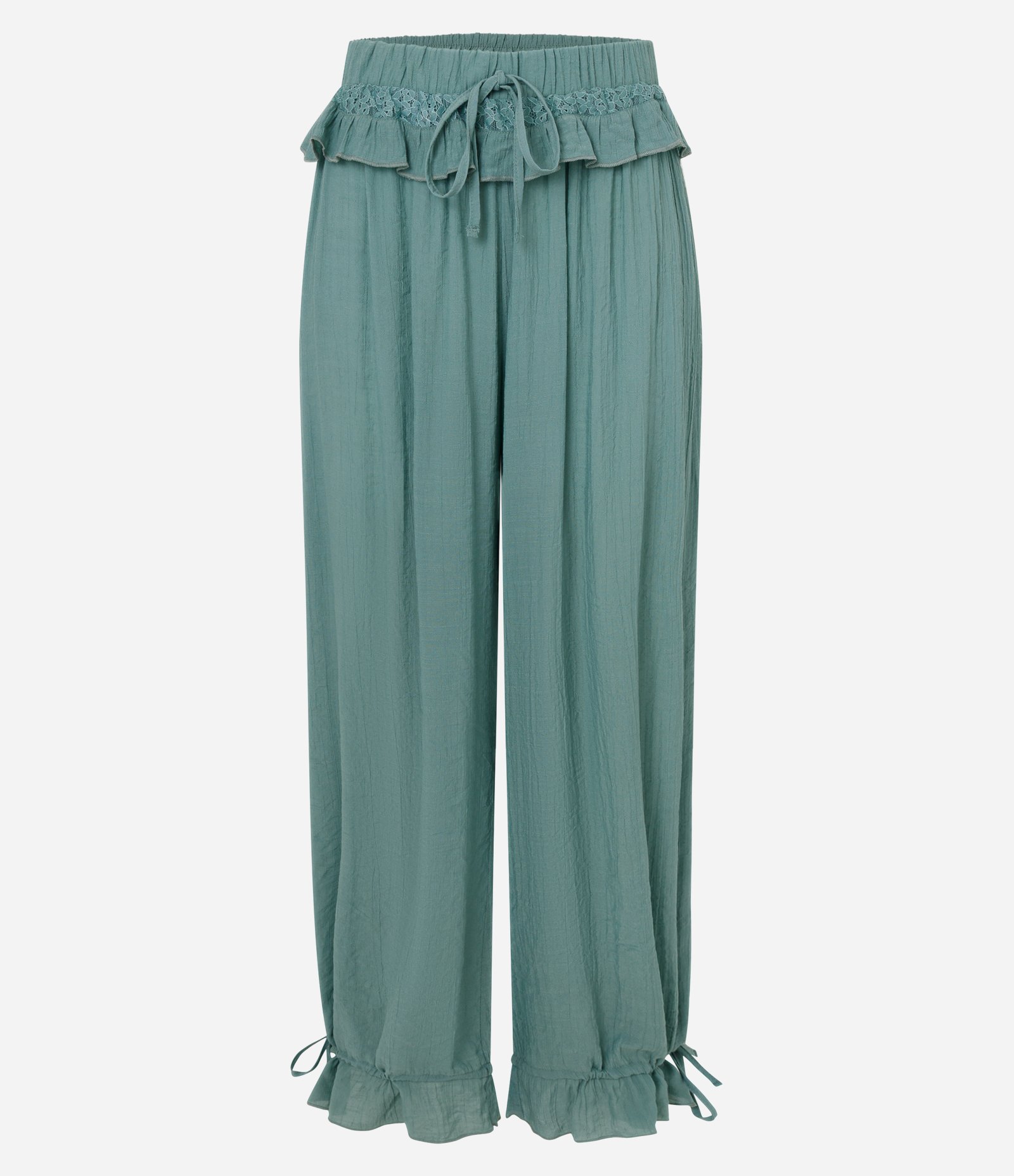 Calça Aladim em Viscolinho com Renda na Cintura e Barra Ajustável Verde 1