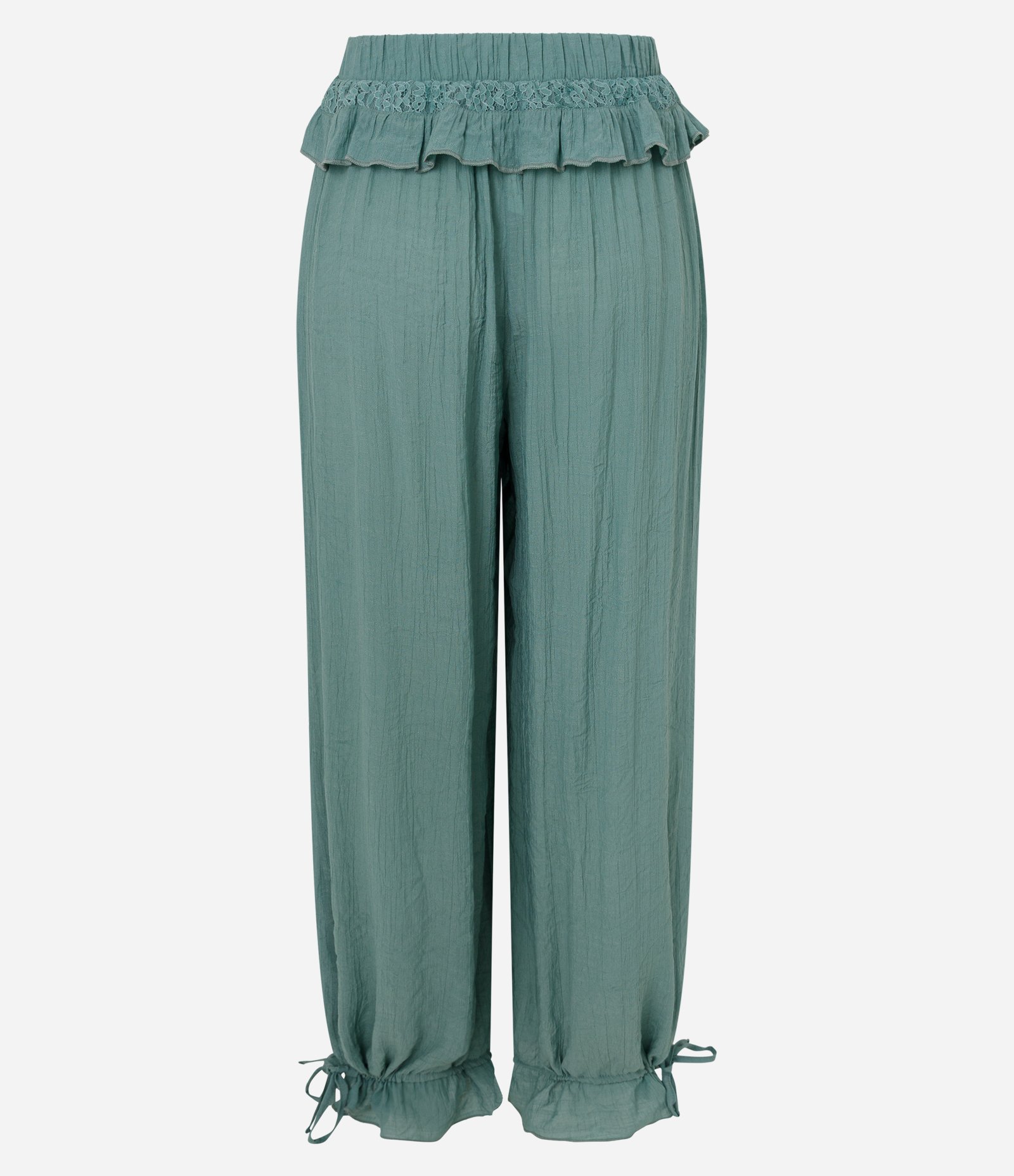 Calça Aladim em Viscolinho com Renda na Cintura e Barra Ajustável Verde 2