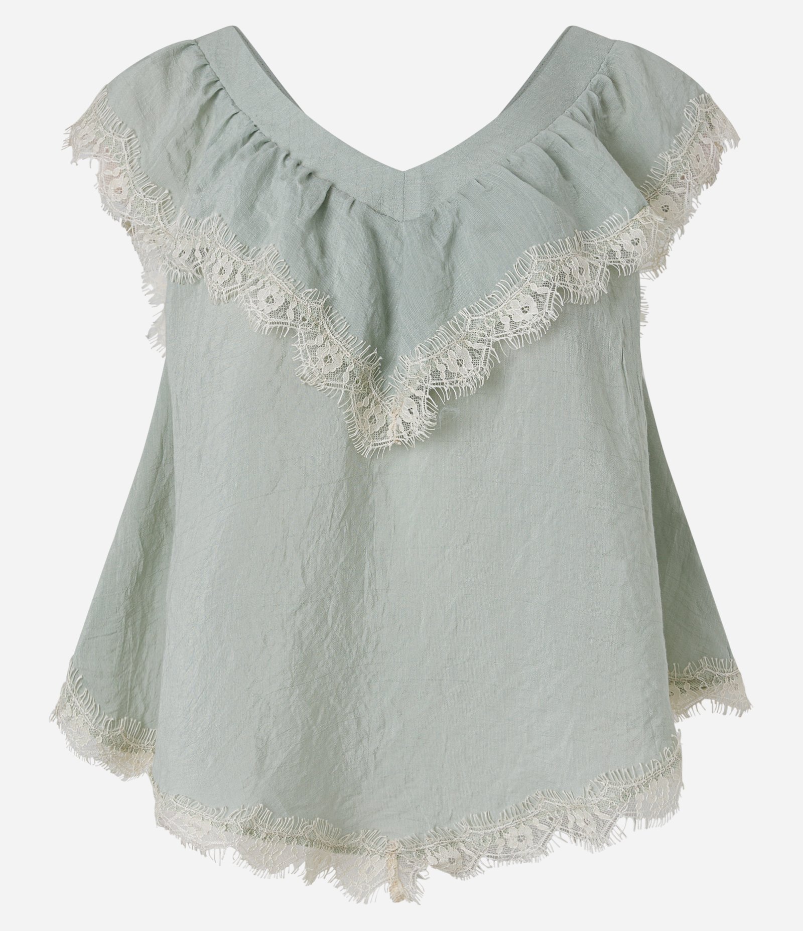 Blusa em Chiffon com Babados de Renda e Barra em Pontas Verde Claro 6