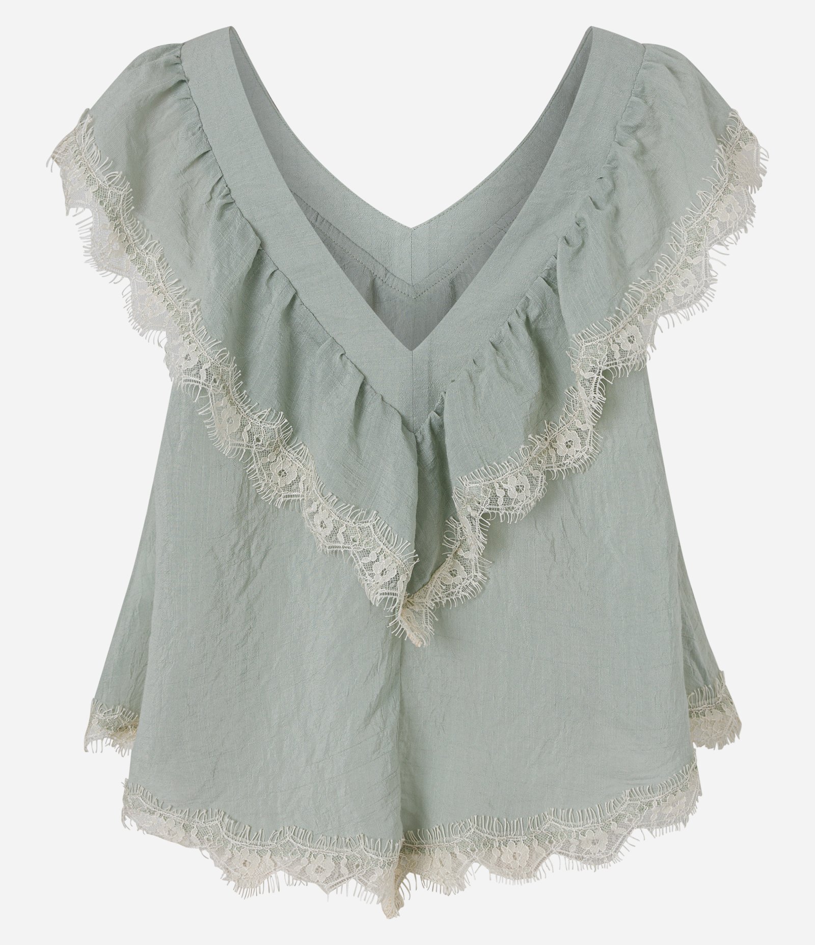 Blusa em Chiffon com Babados de Renda e Barra em Pontas Verde Claro 7