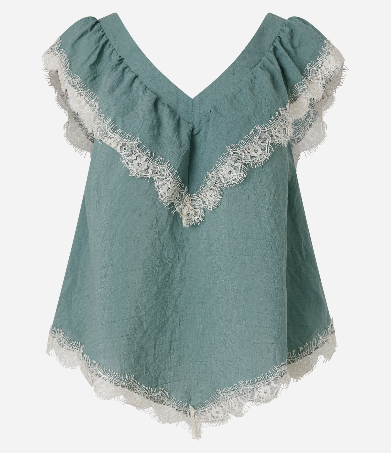 Blusa em Chiffon com Babados de Renda e Barra em Pontas Verde 1