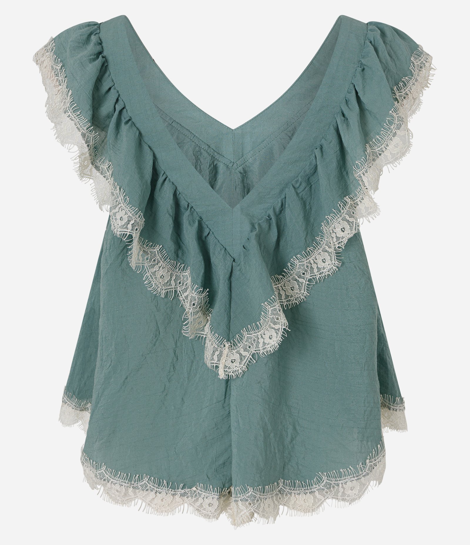 Blusa em Chiffon com Babados de Renda e Barra em Pontas Verde 2