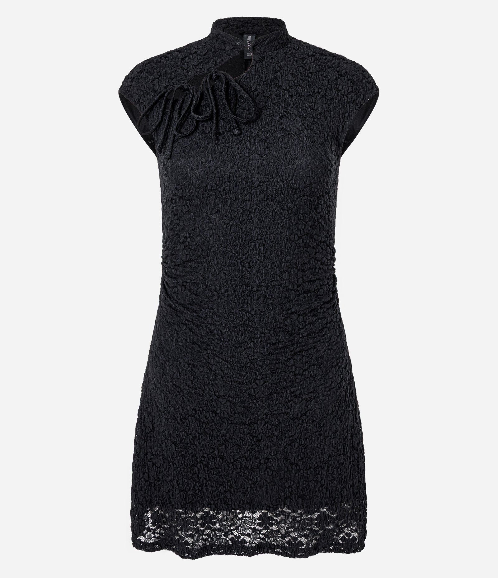 Vestido Curto em Renda com Gola Mandarim Diferenciada com Amarração Preto 5