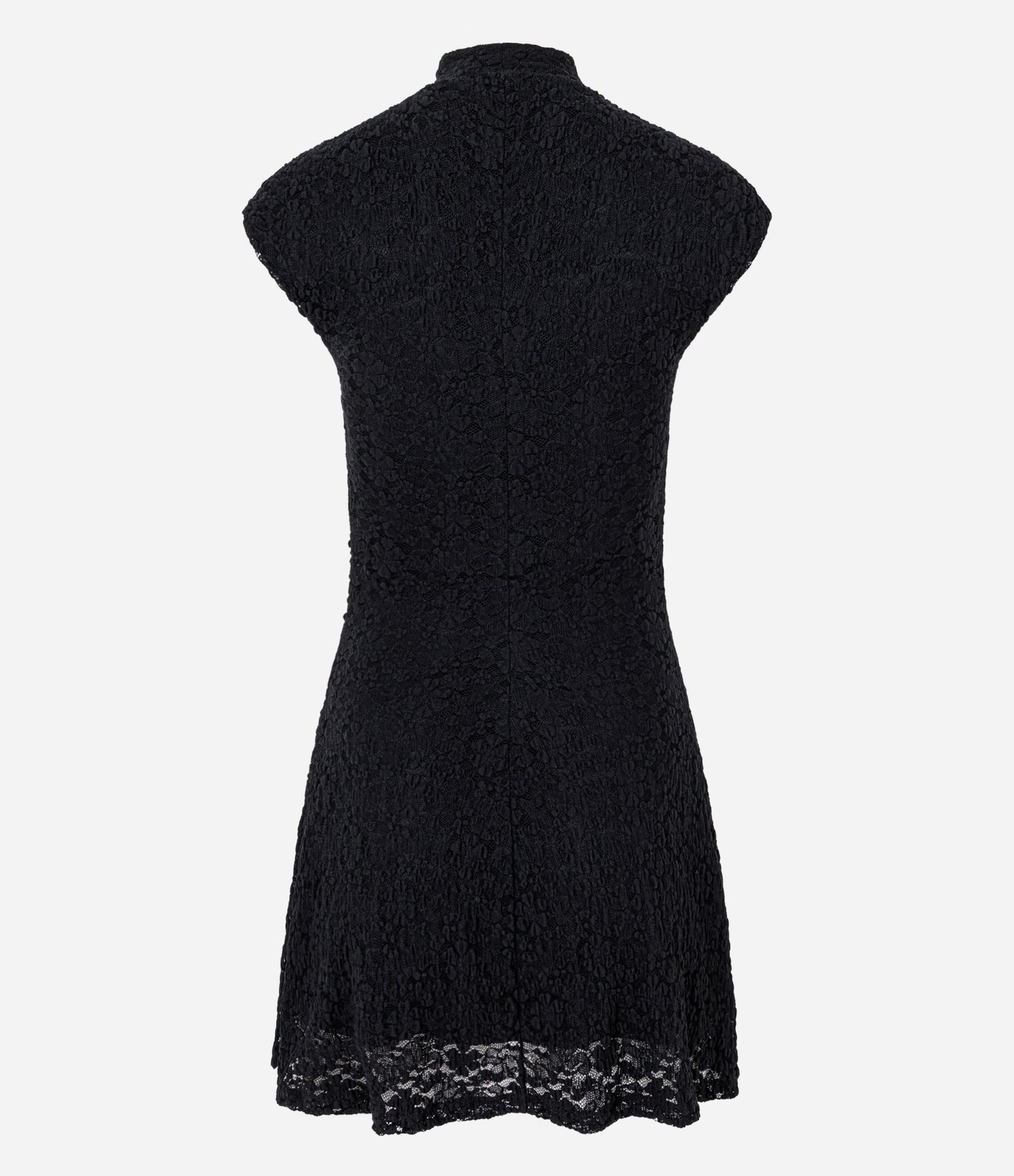Vestido Curto em Renda com Gola Mandarim Diferenciada com Amarração Preto 7
