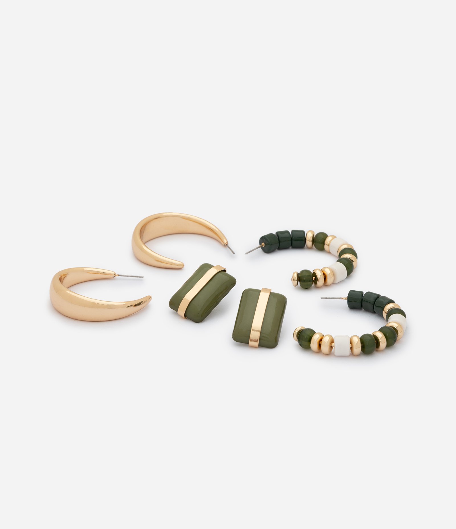 Kit com 03 Brincos de Argola e Botão com Beads Dourado/Verde 2
